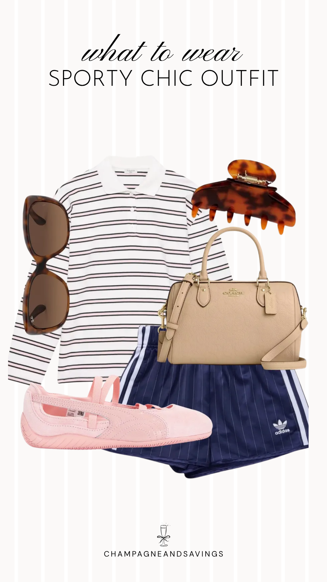 Collage of sporty chic outfit pieces featuring a striped polo paired with athletic shorts and ballet sneakers for a casual, sporty everyday outfit.