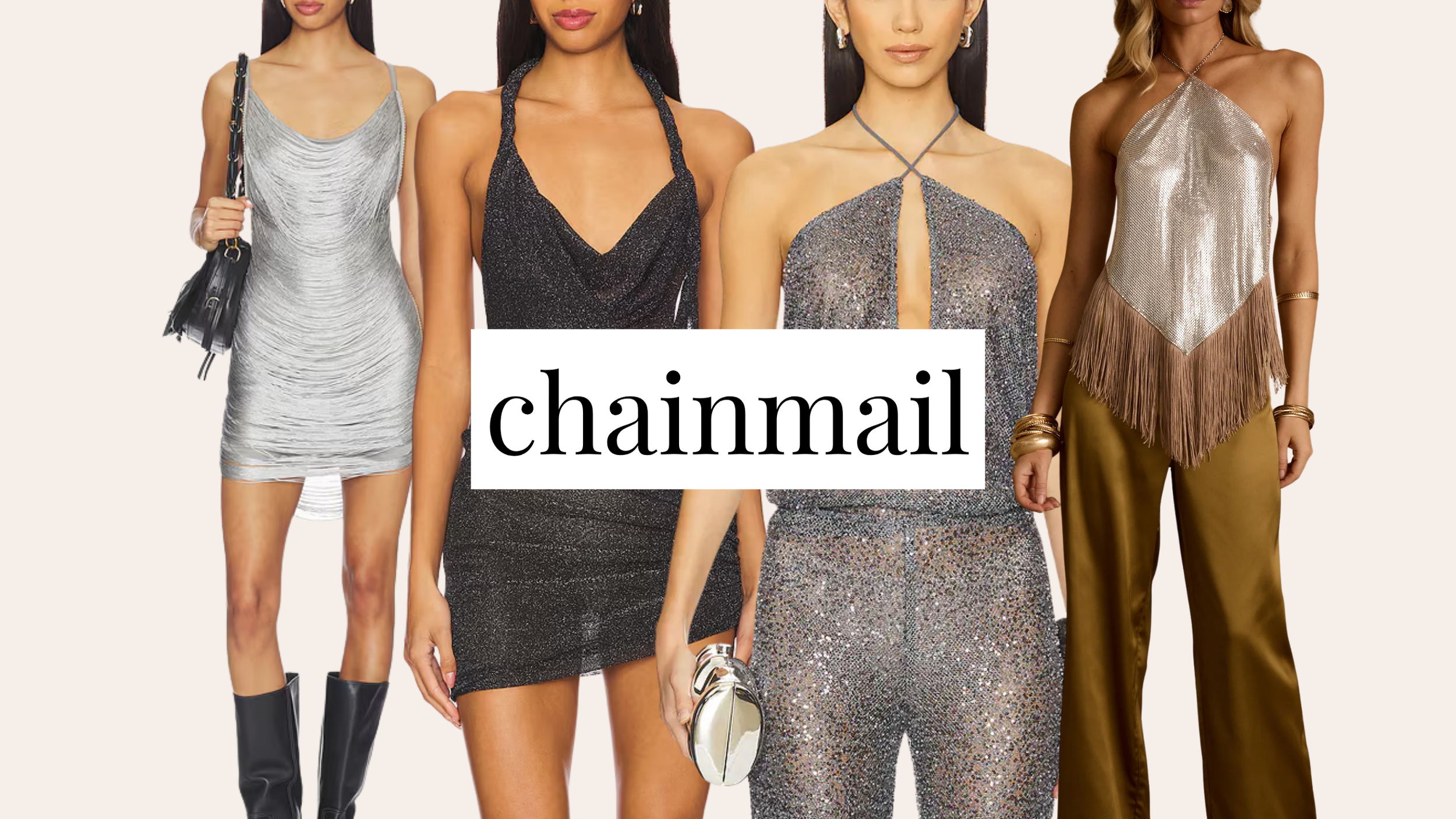Collage featuring women wearing chainmail-inspired clothing and metallic mesh pieces as an example of the chainmail fashion trend to skip for fall 2026.