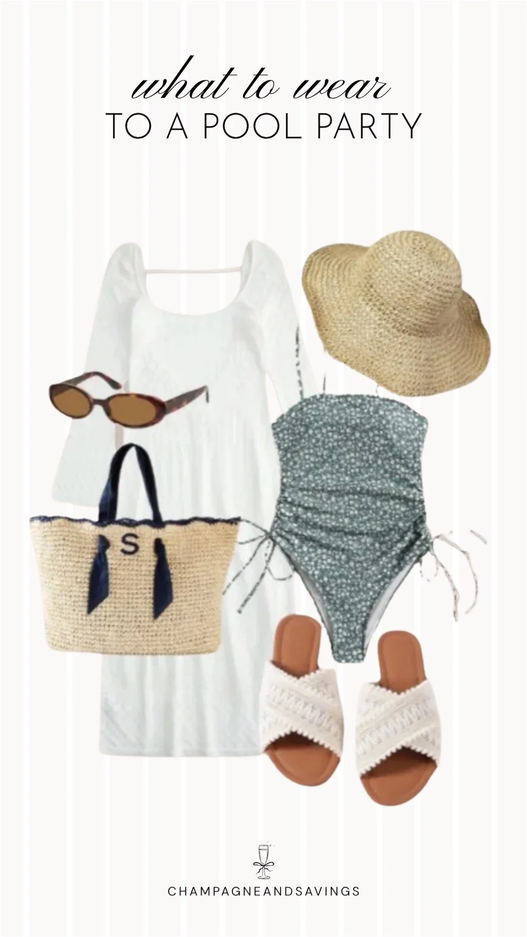 Collage of outfit pieces featuring a white cover up dress styled with a floral swimsuit for a chic and feminine pool party outfit idea.