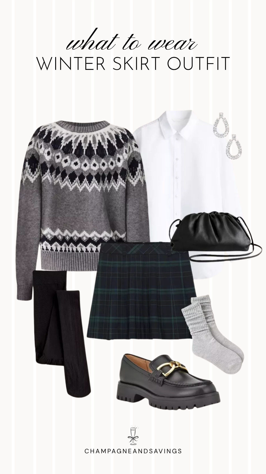 Plaid mini skirt and Fair Isle sweater winter outfit idea with cozy layers and accessories for a chic cold-weather look.