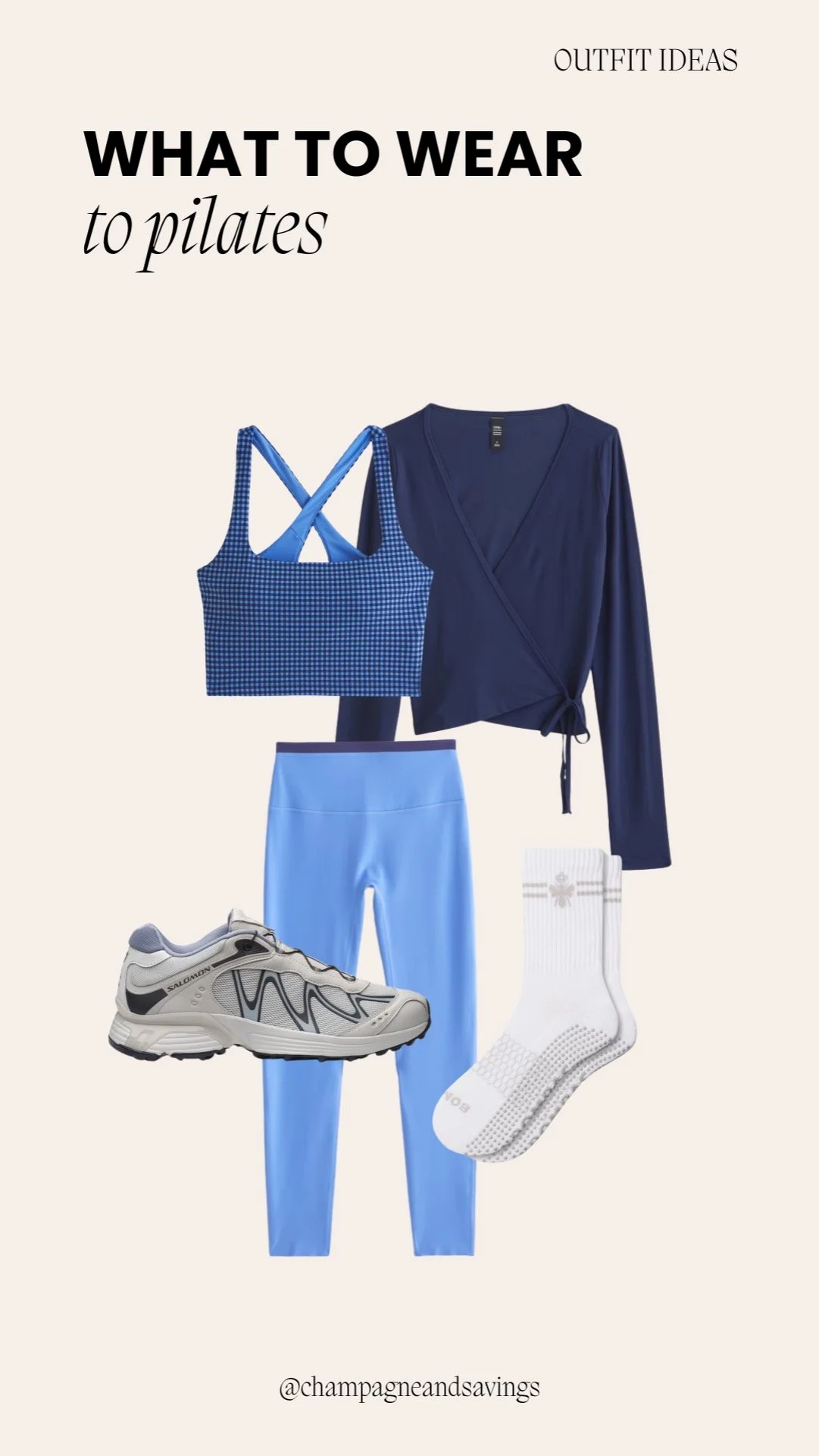 Collage of a Pilates outfit featuring a blue wrap top and matching bottoms.