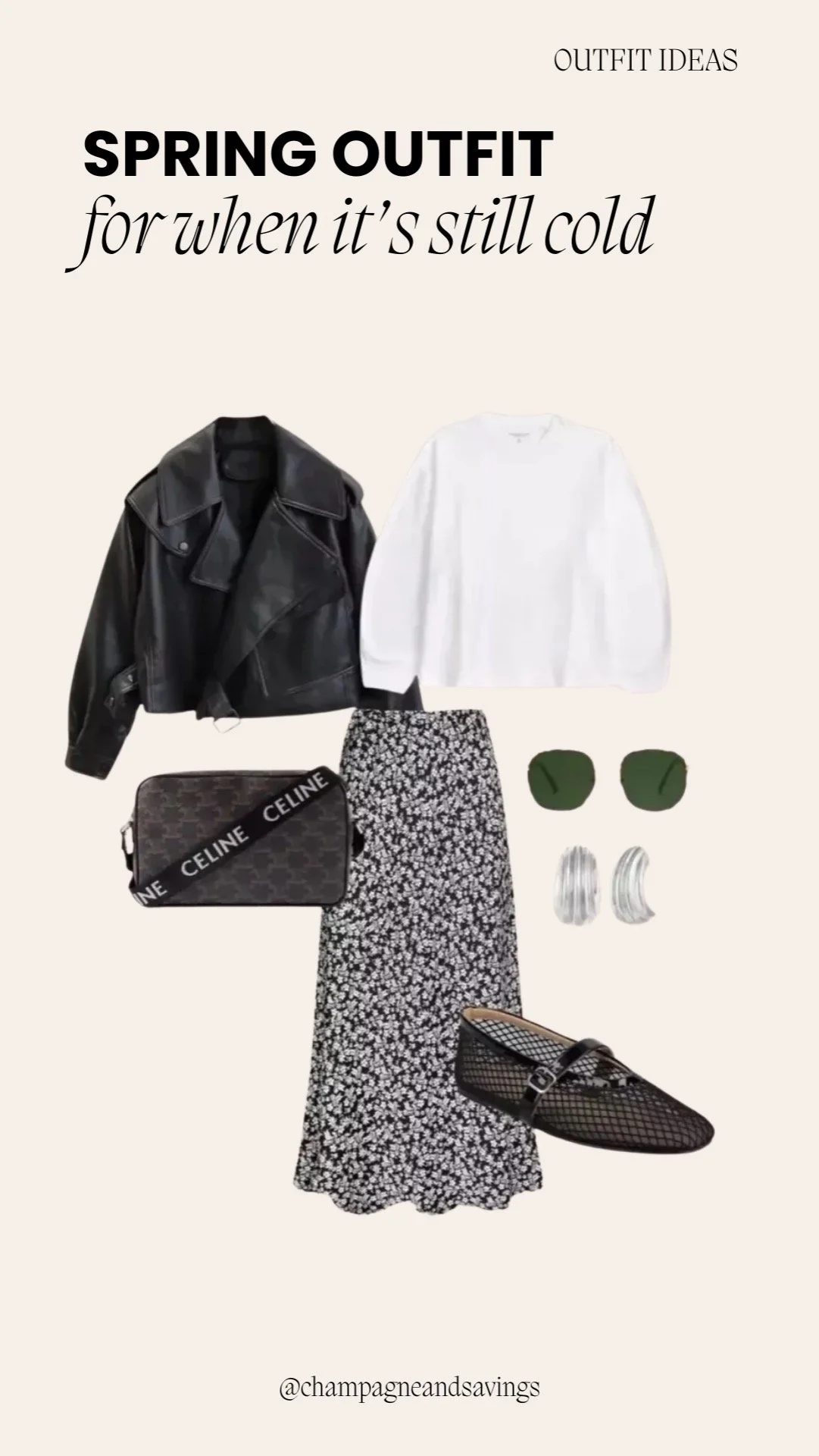 Leather jacket outfit styled with a floral skirt and casual accessories for a chic spring look.