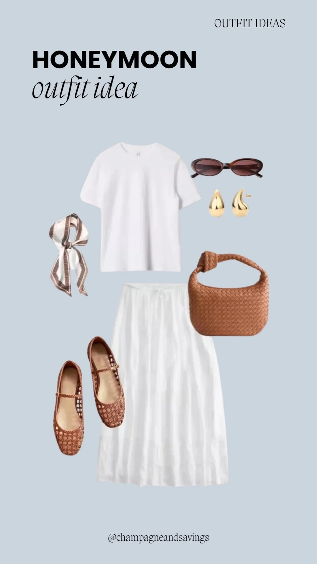 Honeymoon outfit idea collage featuring a white tee paired with a white long skirt, styled with accessories for a fresh and effortlessly chic bridal vacation look.