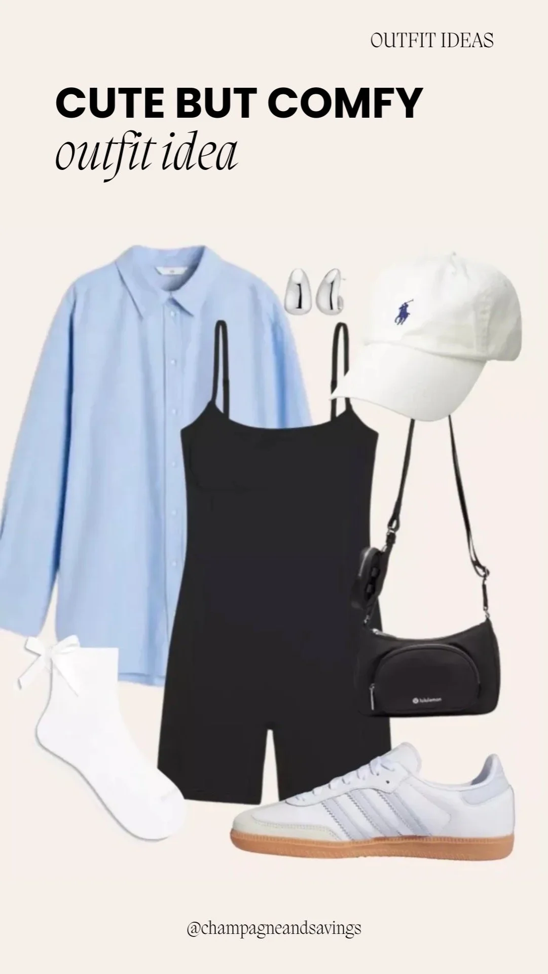 Outfit collage showing a cute and comfy outfit idea with boxer shorts and a button-down layered top.