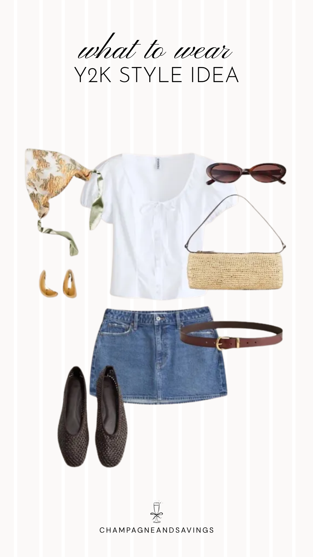 Y2K outfit idea collage featuring a denim mini skirt with a baby tee for a trendy 2026 look.