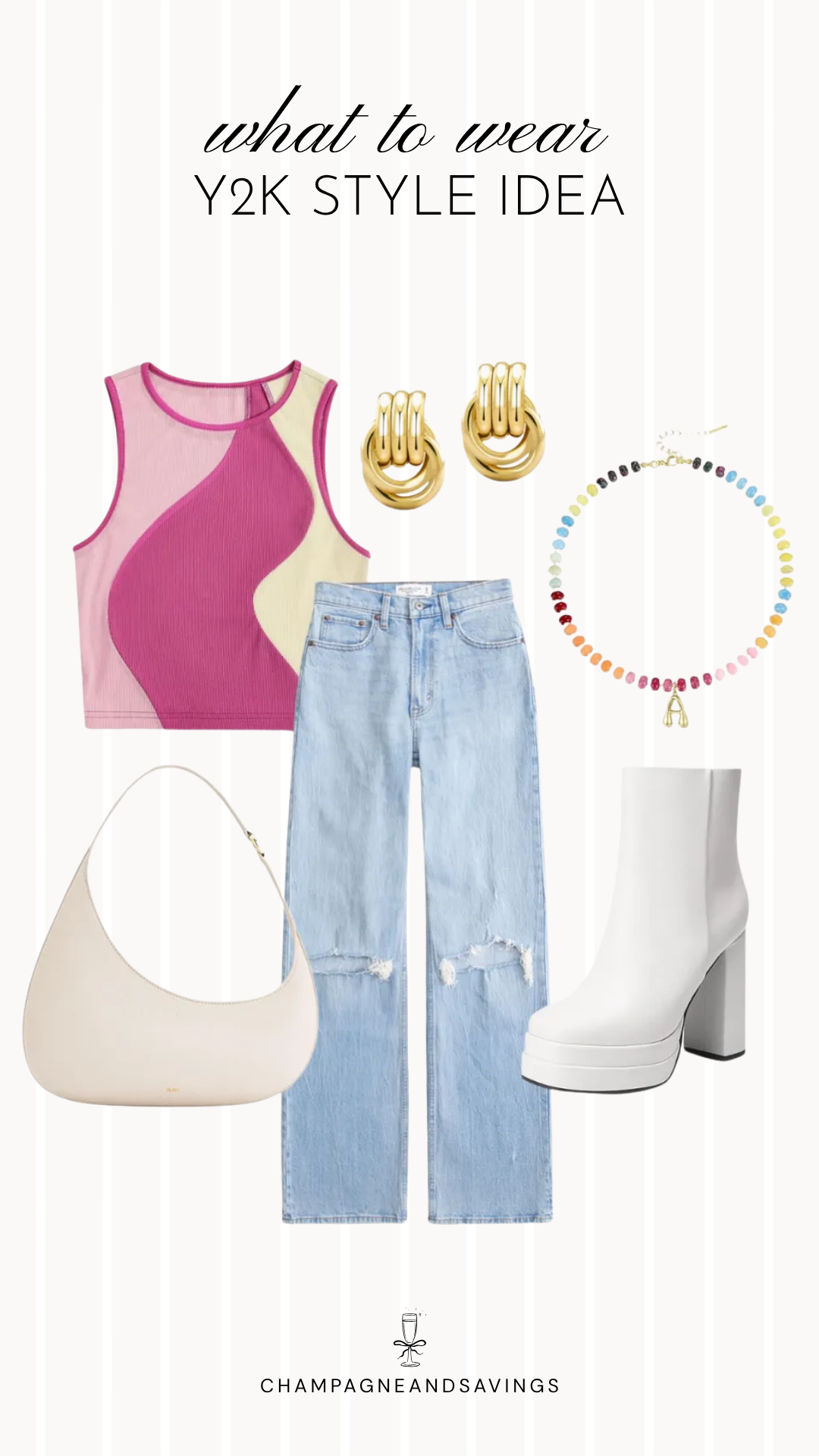 Y2K outfit idea collage featuring a colorful tank with baggy jeans for a trendy 2026 look.