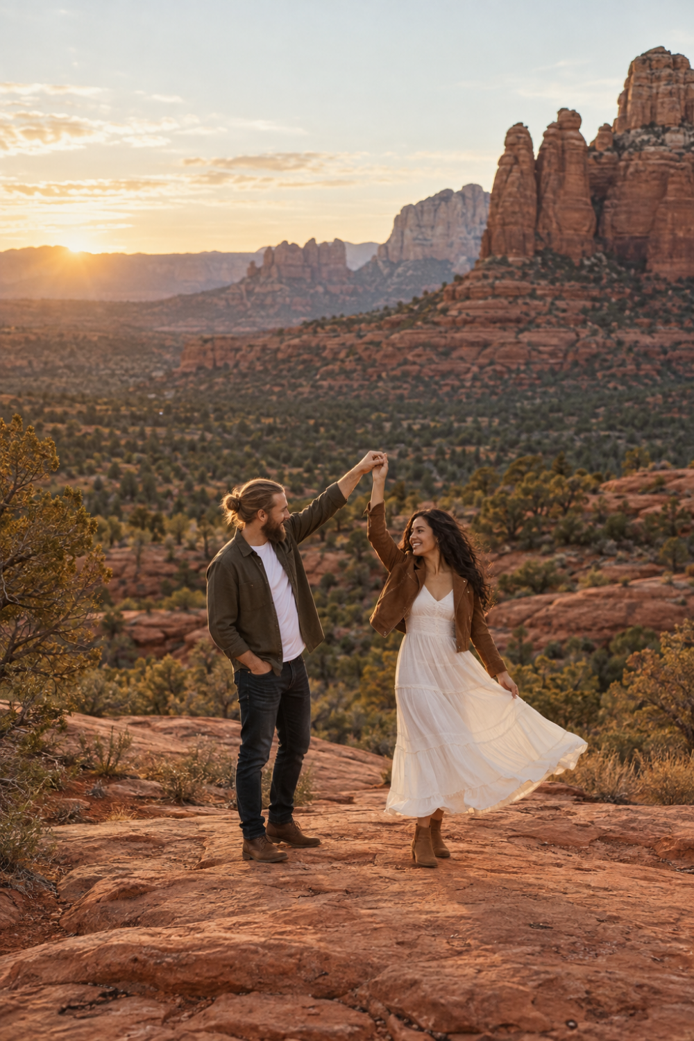 White engagement photo outfit idea featuring a white dress and a brown suede jacket.