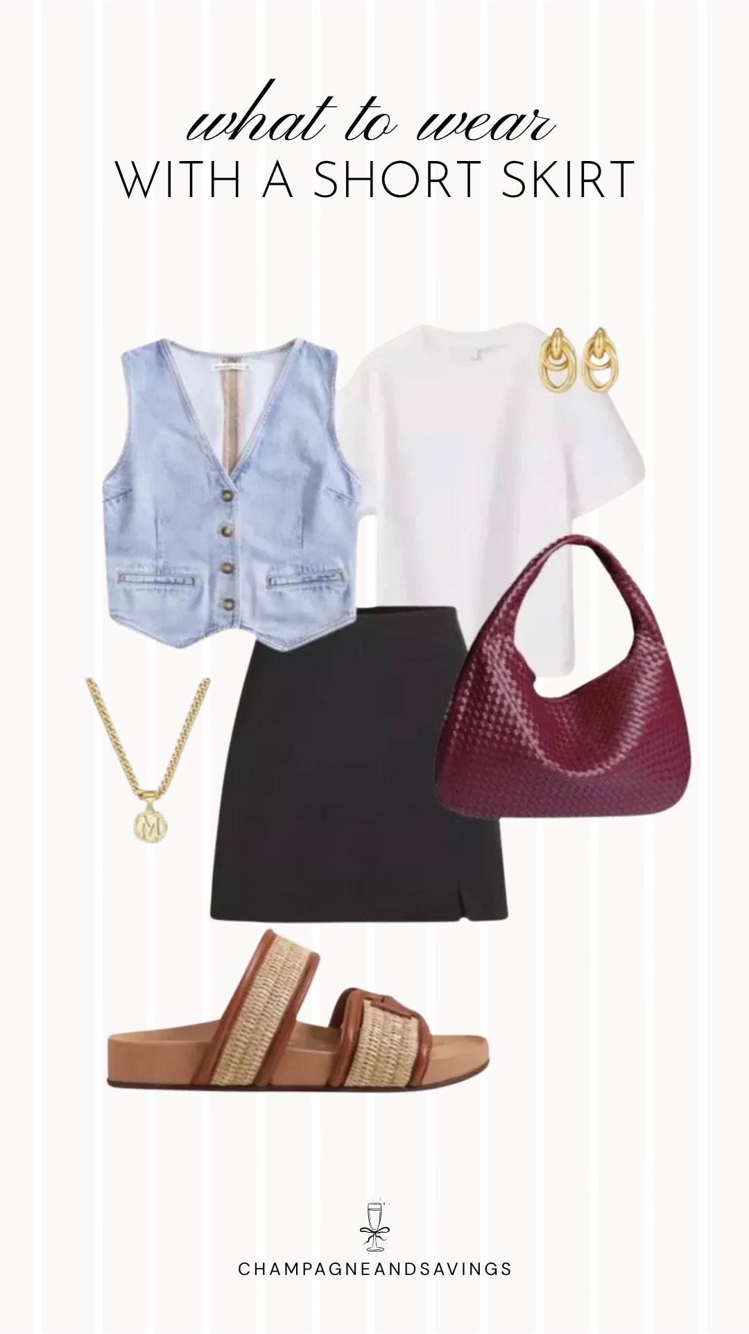 Collage of outfit pieces featuring a short skirt styled with a denim vest and white tee for a trendy, laid-back outfit idea.