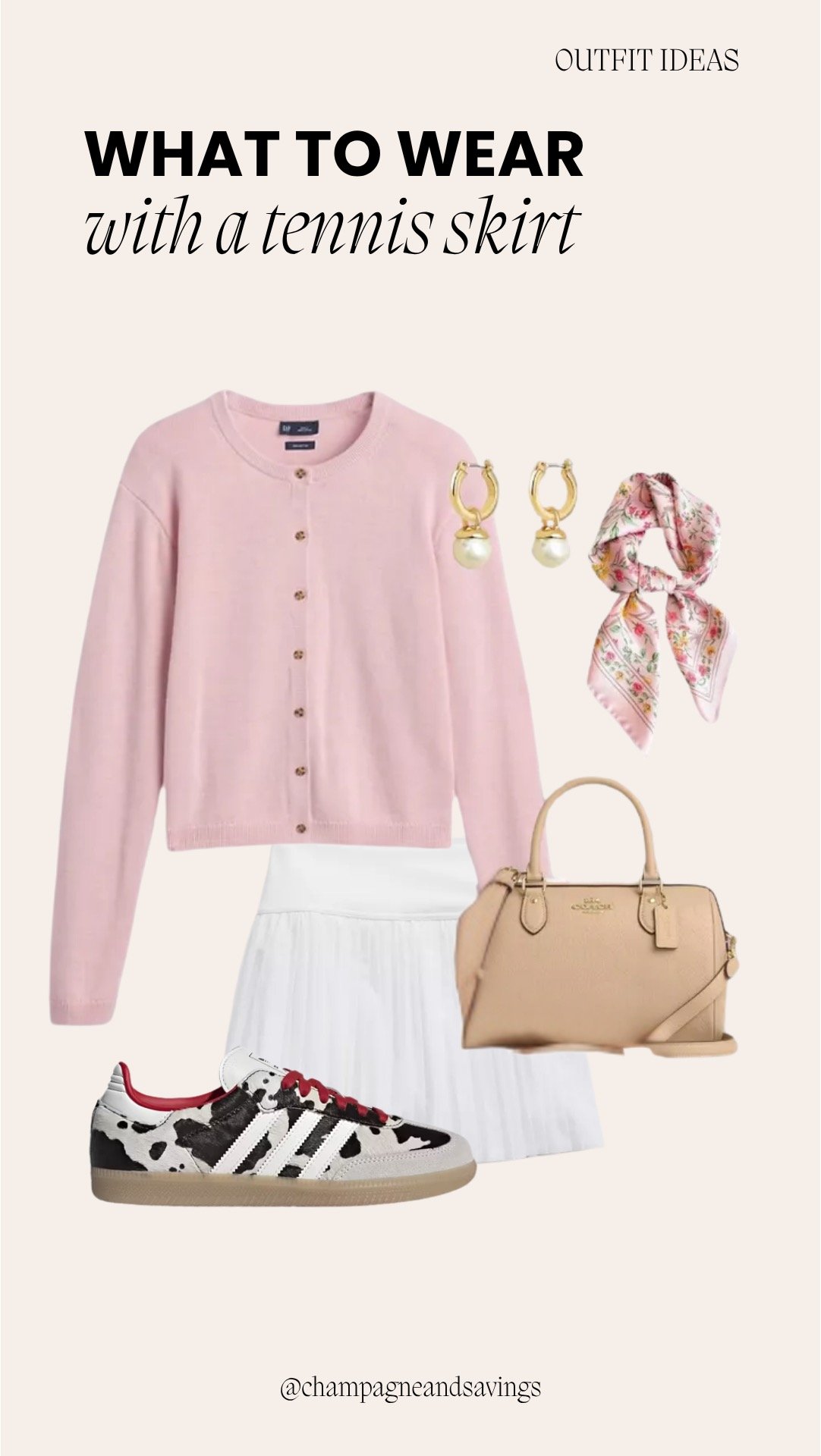 Tennis skirt outfit collage featuring a pleated tennis skirt styled with a pink cardigan and statement sneakers for a fun, sporty chic look.