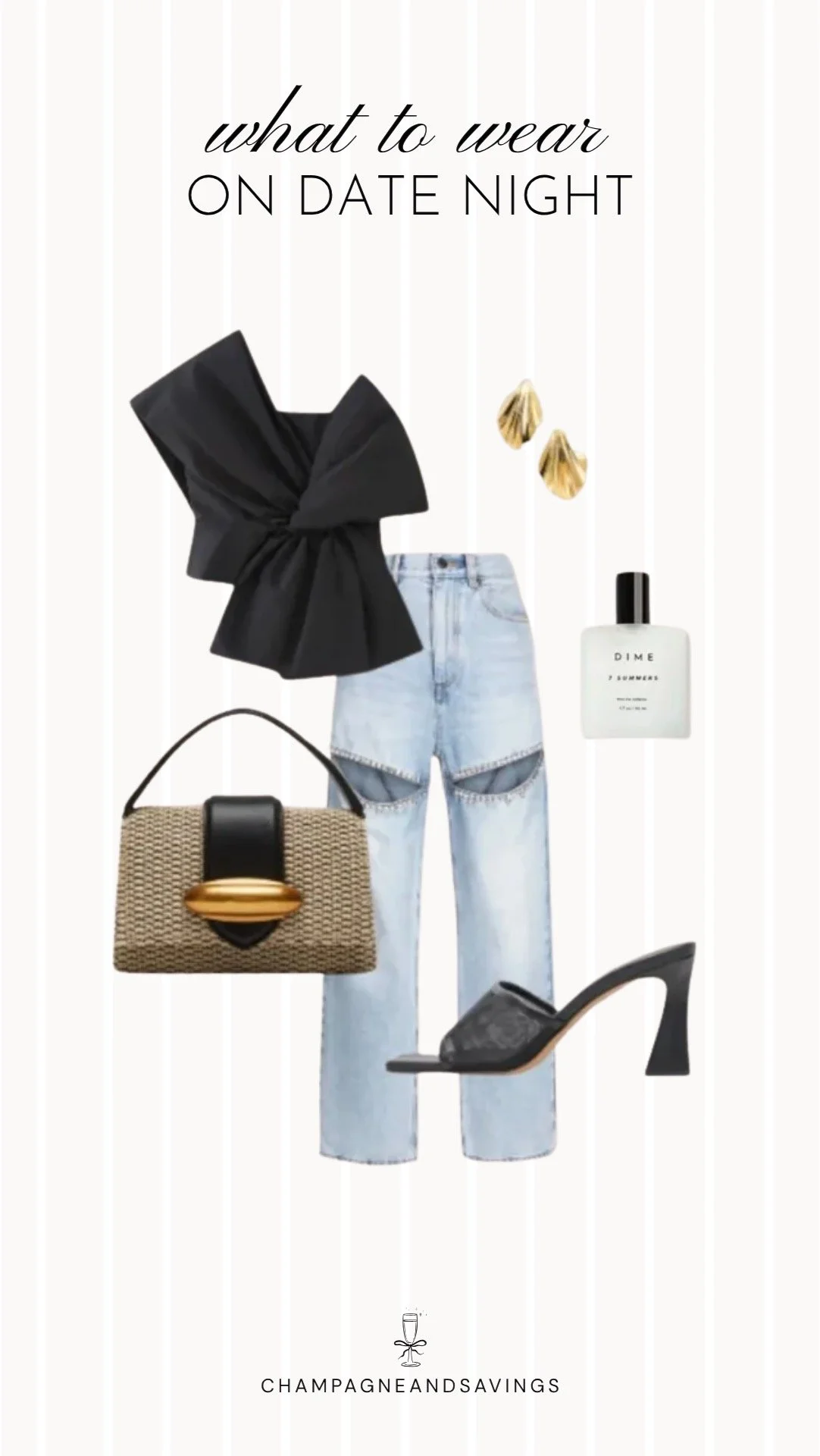Collage of outfit pieces featuring a black bow top styled with light wash jeans for a chic and feminine fall date night outfit idea.