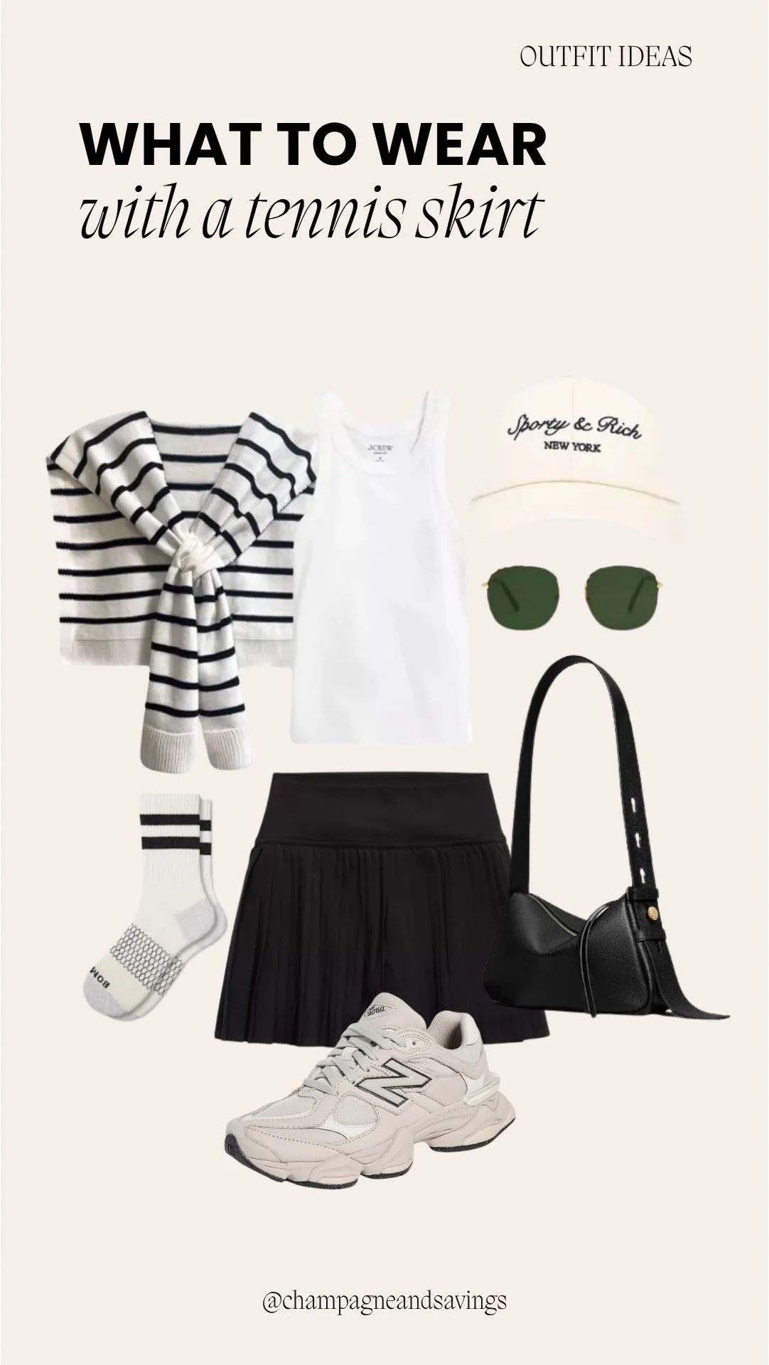 Tennis skirt outfit collage featuring a pleated tennis skirt styled with a tank top and a sweater draped over the shoulders for a preppy, effortless look.