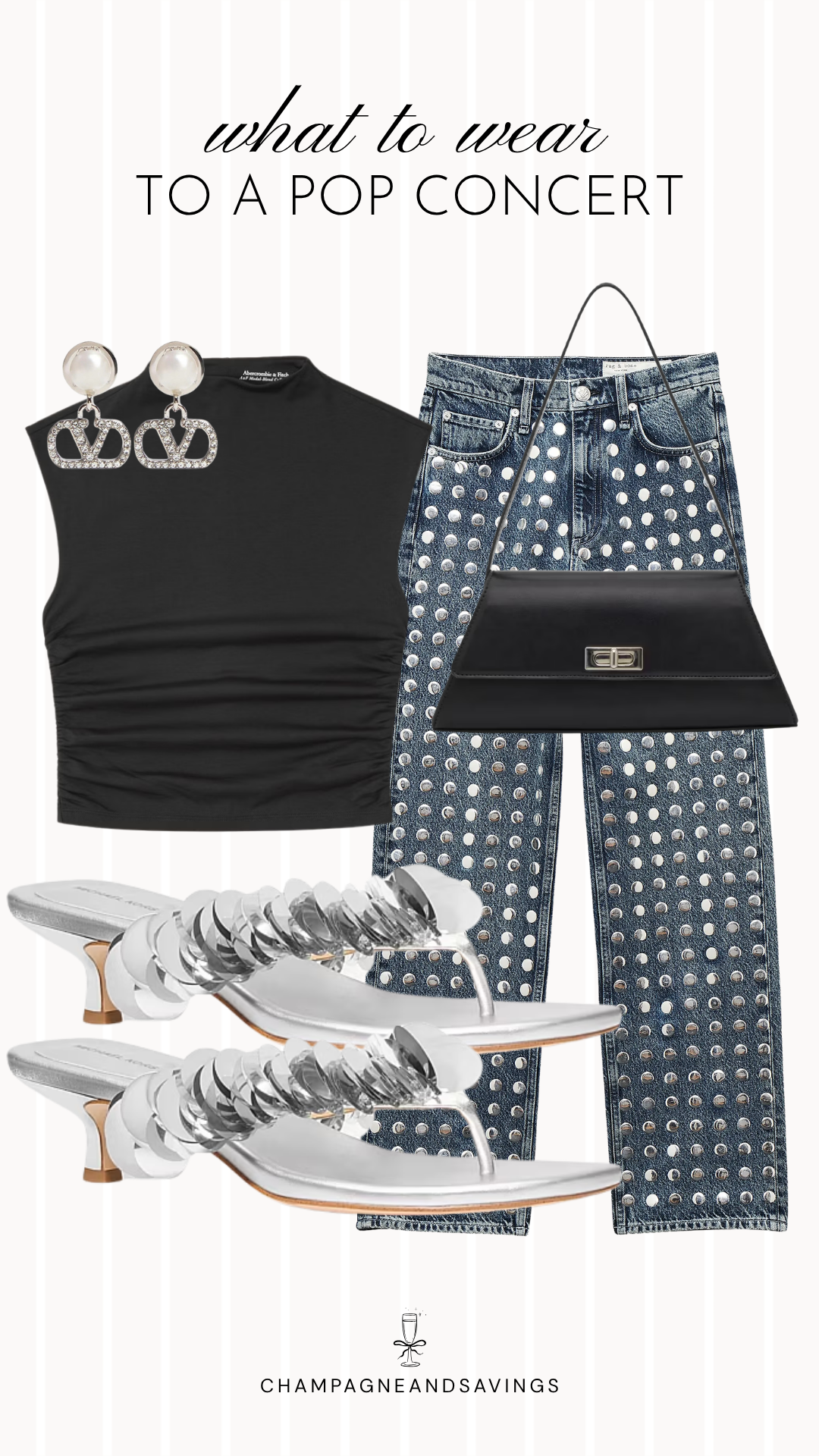 Collage of outfit pieces featuring a black top paired with studded jeans and silver sandals, creating a stylish and edgy pop concert outfit idea.