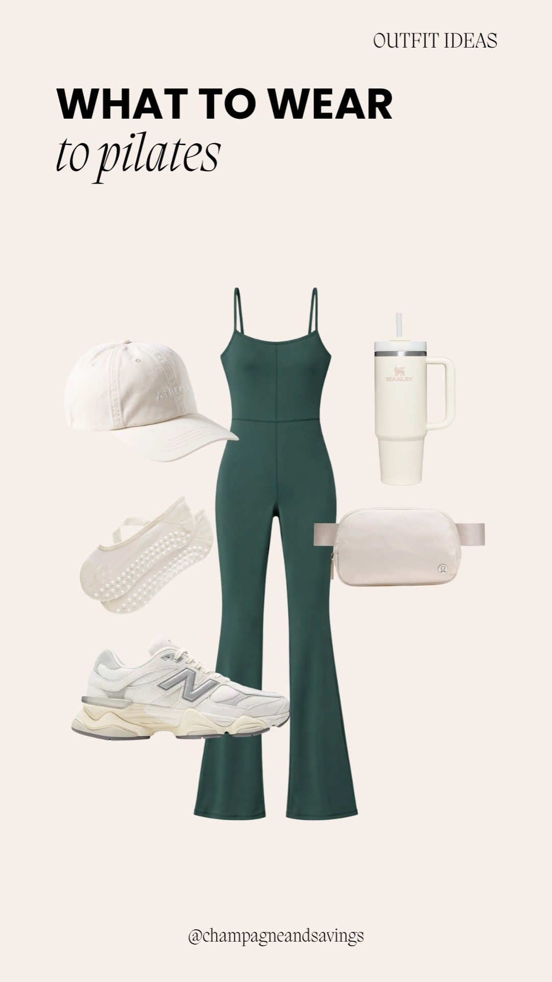 Collage of a forest green jumpsuit styled for Pilates.