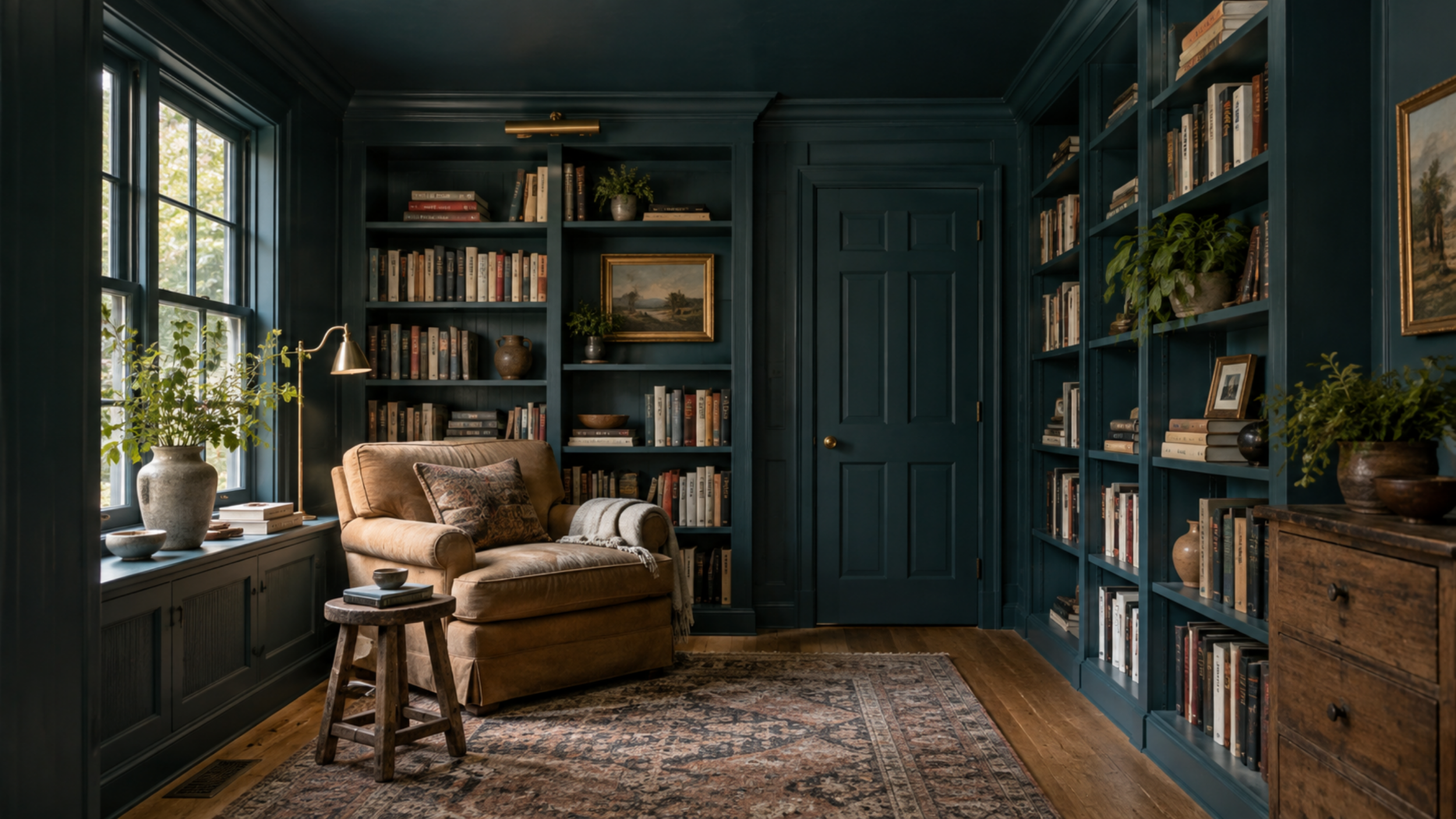 color drenched deep green library room with built in bookshelves