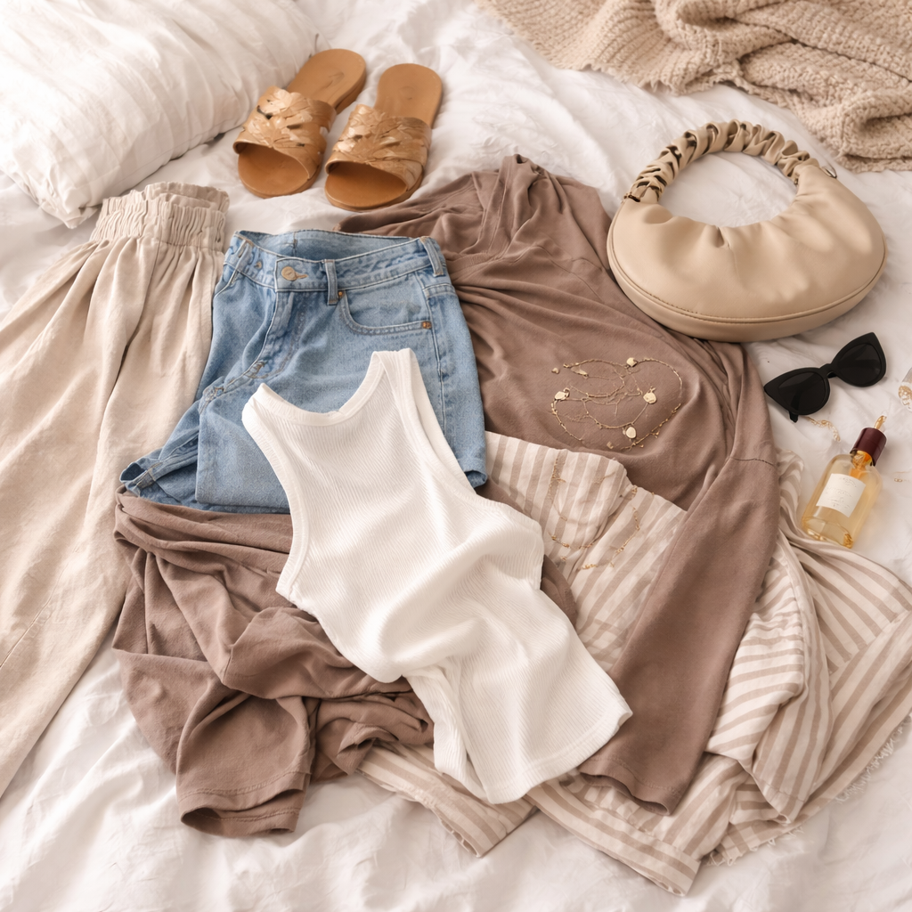 pile of neutral trendy clothes on a bed