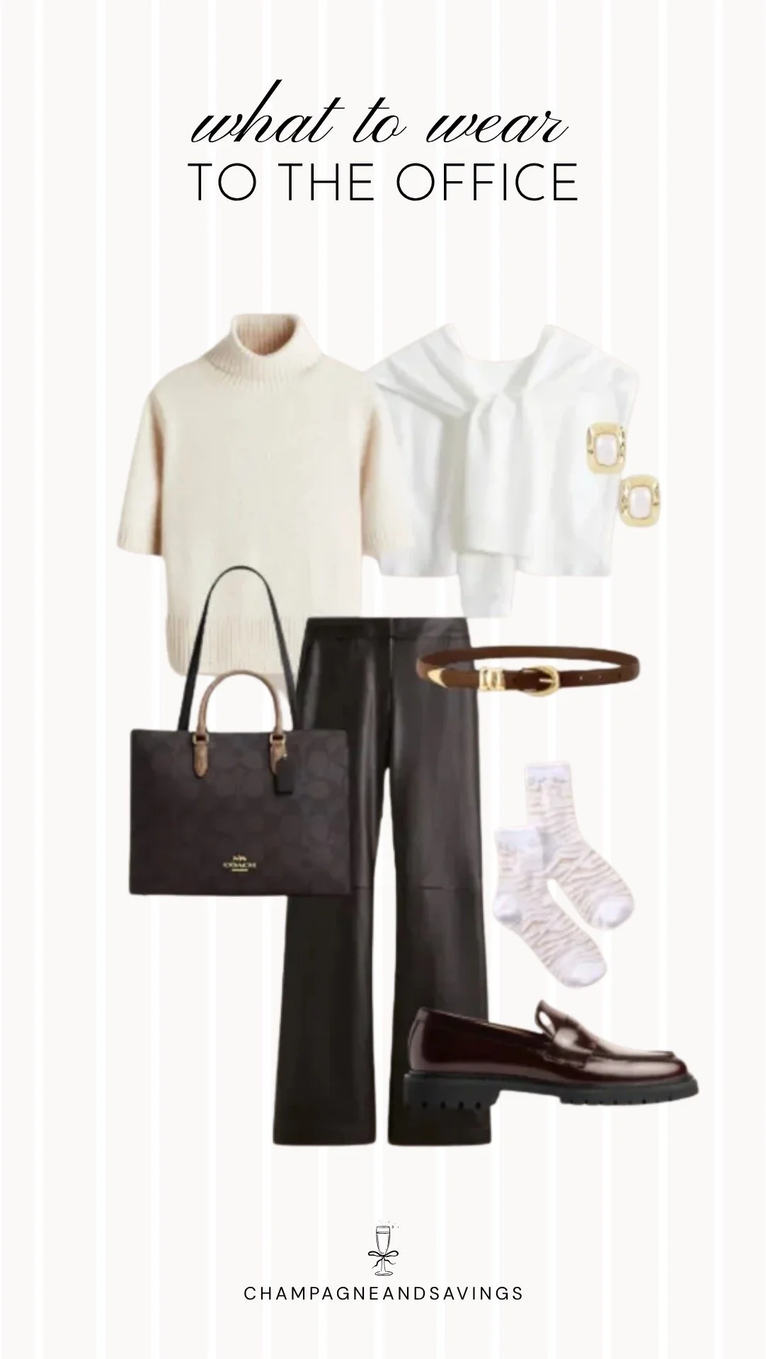 Collage of outfit pieces featuring a short sleeve mock neck sweater styled with faux leather pants for a sleek and cozy summer office outfit idea for chilly workplaces.