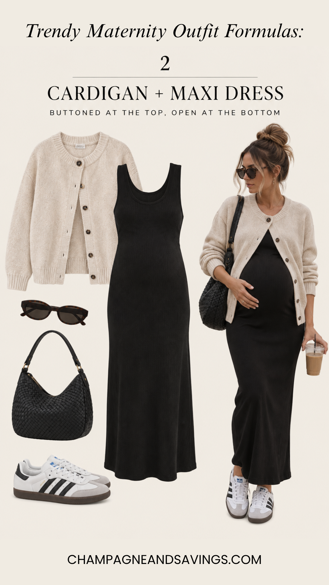 Cardigan over a maxi dress pregnancy outfit formula featuring a collage of outfit pieces and a styled look for a trendy pregnancy outfit.