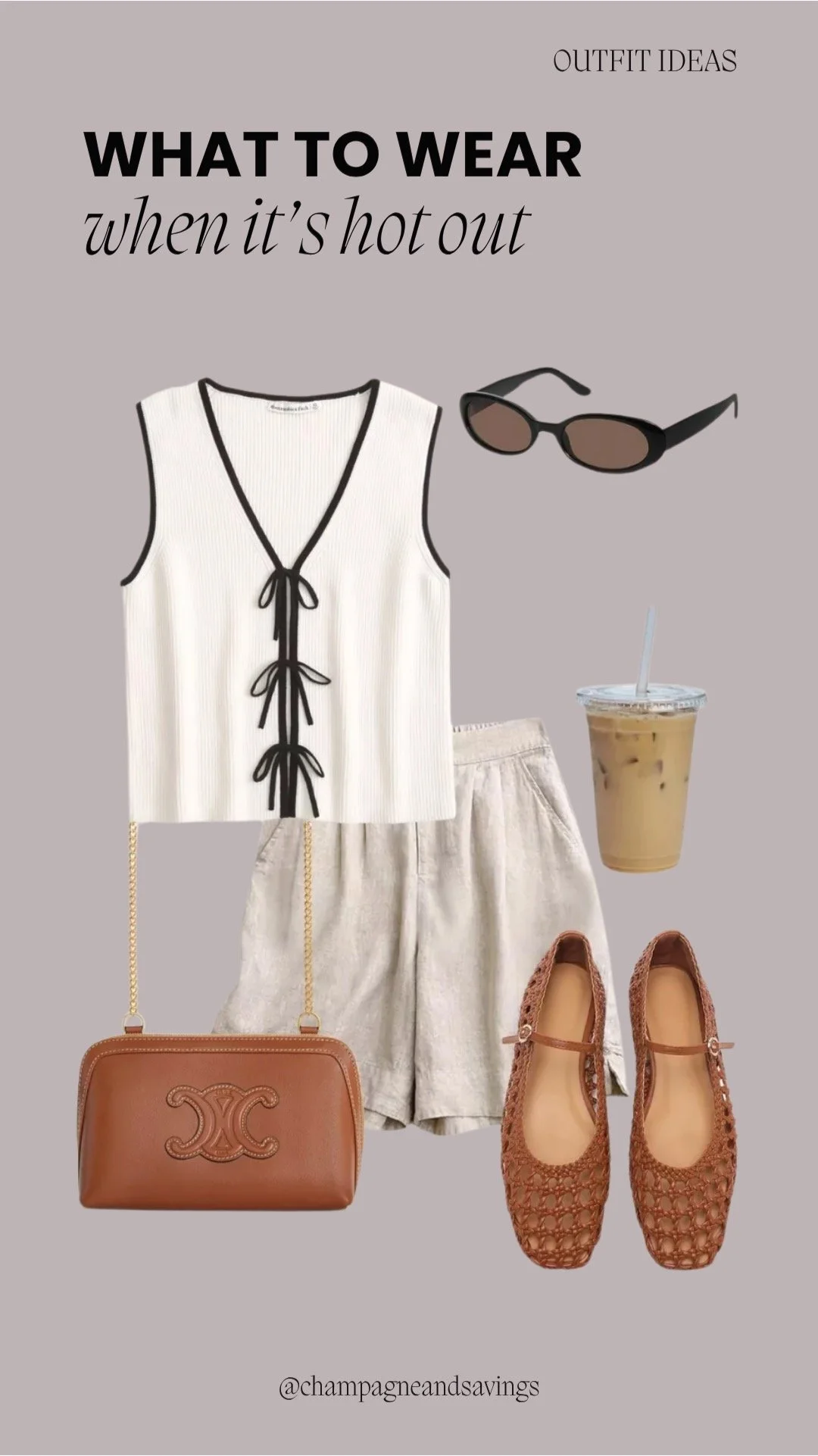 Hot weather outfit collage featuring a ribbed tie-front tank paired with linen shorts and woven flats for a breezy, stylish summer look