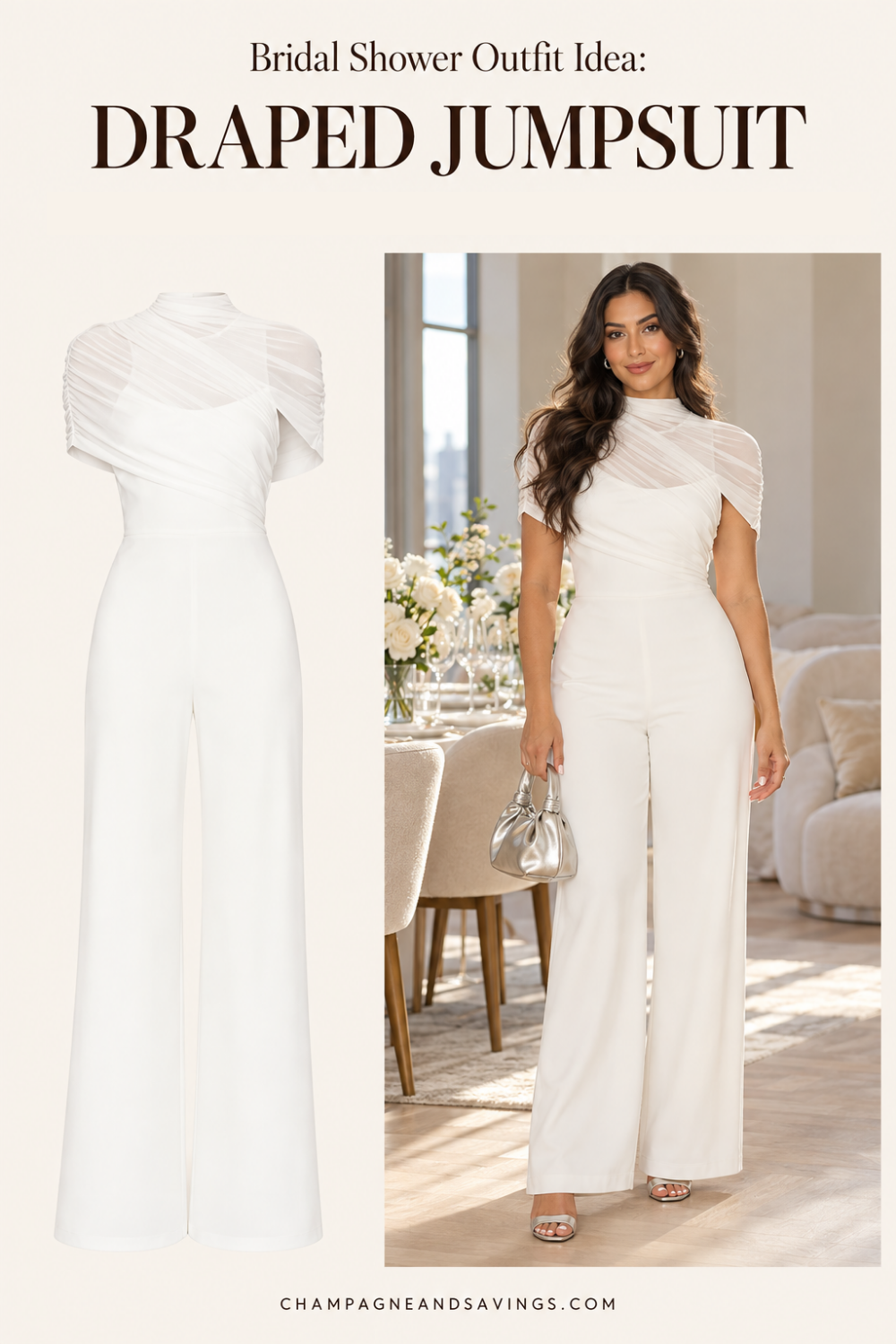 Trendy bridal shower outfit idea featuring a draped white jumpsuit, shown alongside a styled bridal look for the bride-to-be.