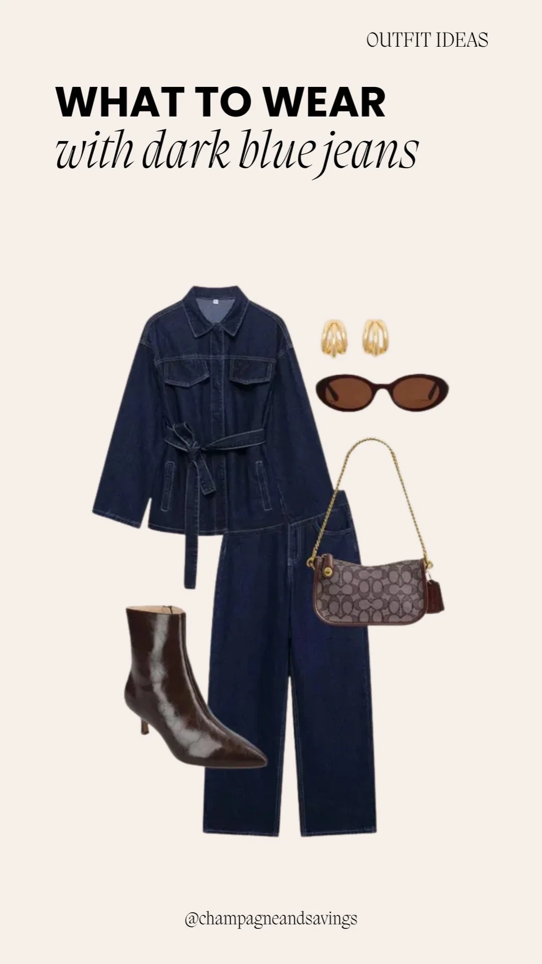 Collage of outfit pieces for a “Denim on Denim Done Right” dark denim look, featuring dark denim paired with a coordinating denim top and complementary accessories, styled in a modern chic aesthetic.