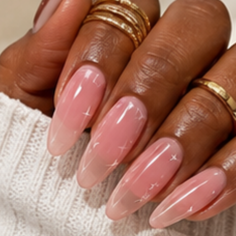 Pink manicure idea featuring starry pink jelly.