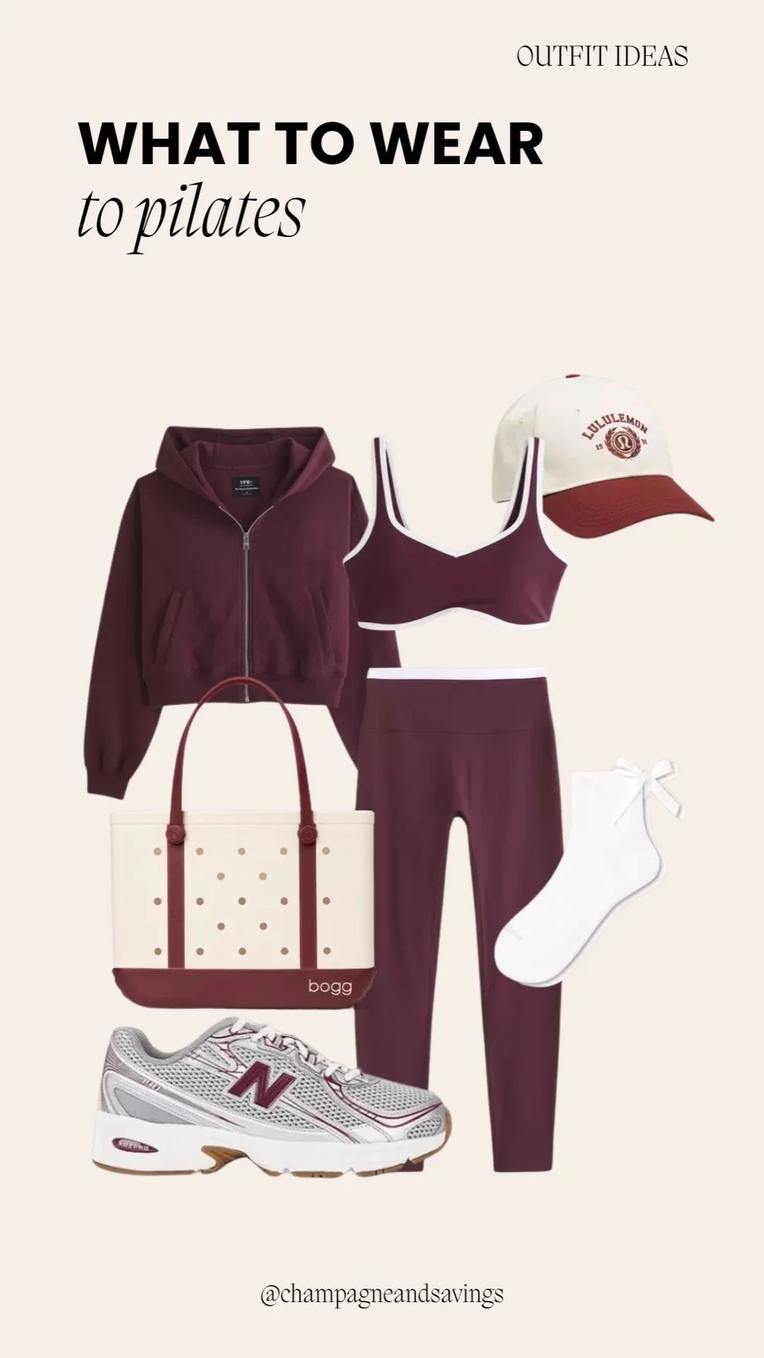 Collage of a burgundy matching Pilates outfit with top and leggings.