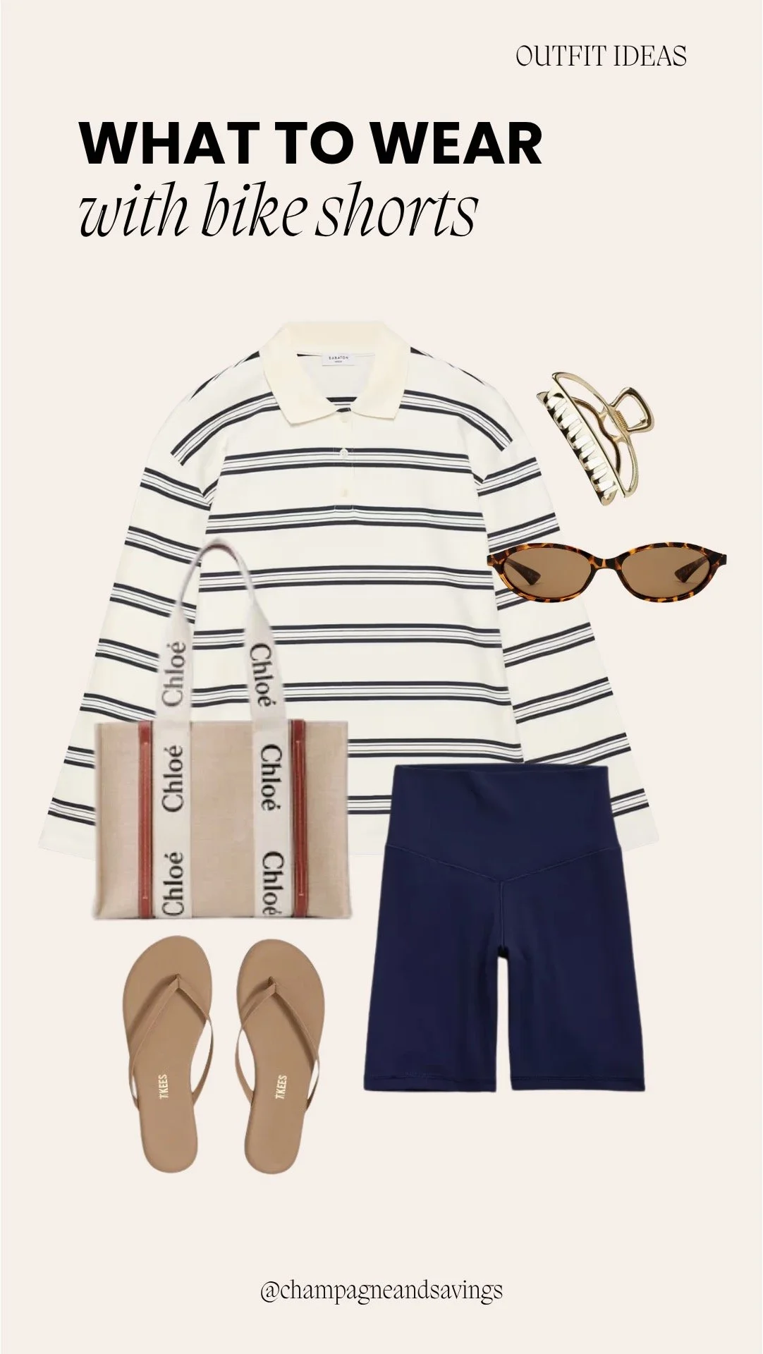 collage of bike shorts outfit idea featuring black bike shorts styled with a striped rugby shirt and flip flops, including outfit pieces arranged on a clean background