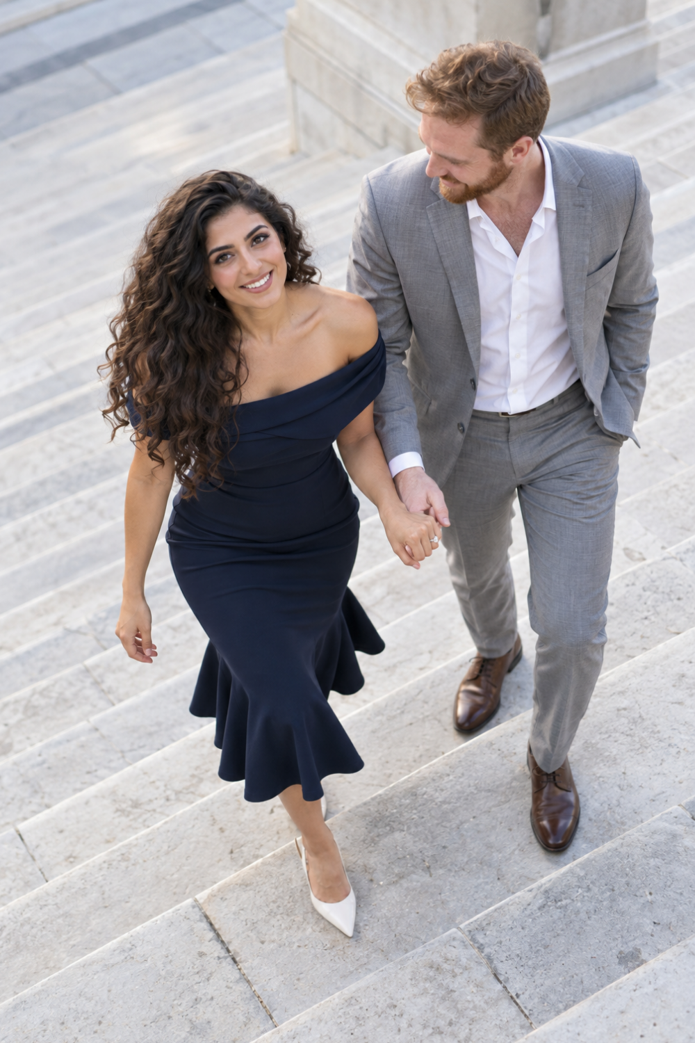 Color & Neutral Engagement Photo Outfit Idea featuring a navy dress.