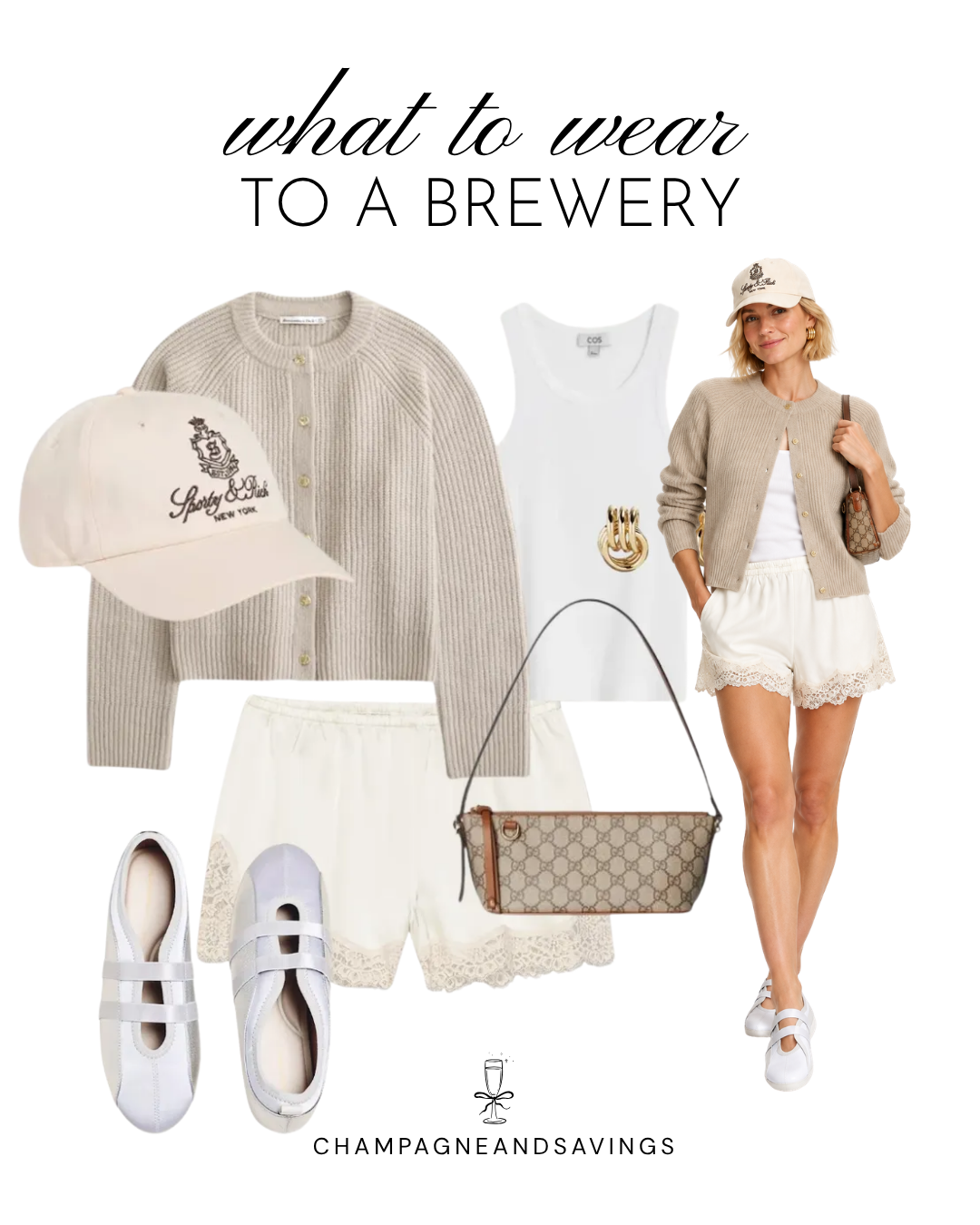 Casual summer brewery outfit with a beige cardigan, white tank top, cream lace-trim shorts, silver Mary Jane sneakers, and baseball cap.