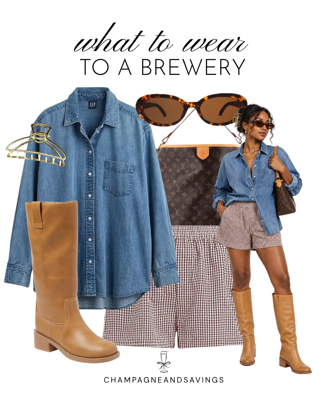 Trendy brewery outfit featuring a denim button-down shirt, brown gingham shorts, tall tan boots, and designer shoulder bag.