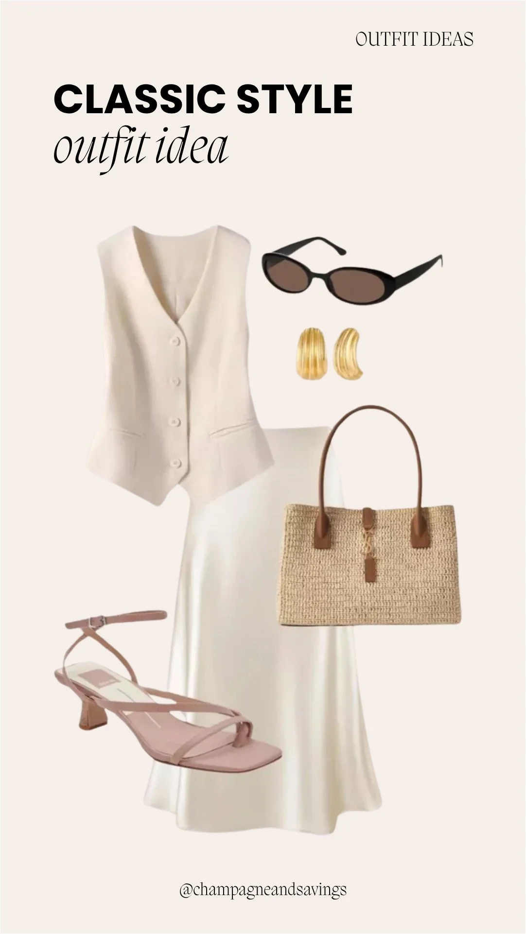 Image of a classic outfit collage featuring a cream vest layered over a satin slip dress with strappy kitten heels styled together with coordinating accessories arranged as outfit pieces