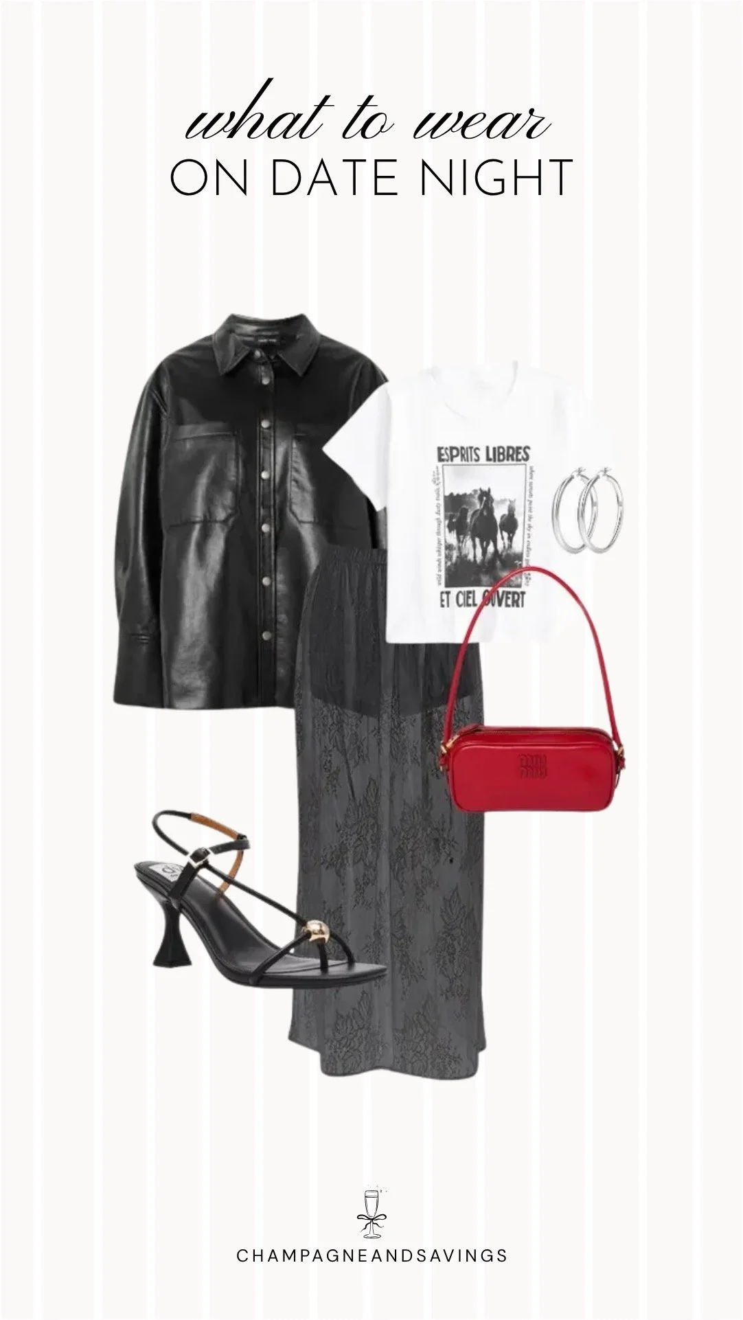 Collage of outfit pieces featuring a graphic tee styled with a black maxi skirt and a leather shacket for an edgy and casual fall date night outfit idea.