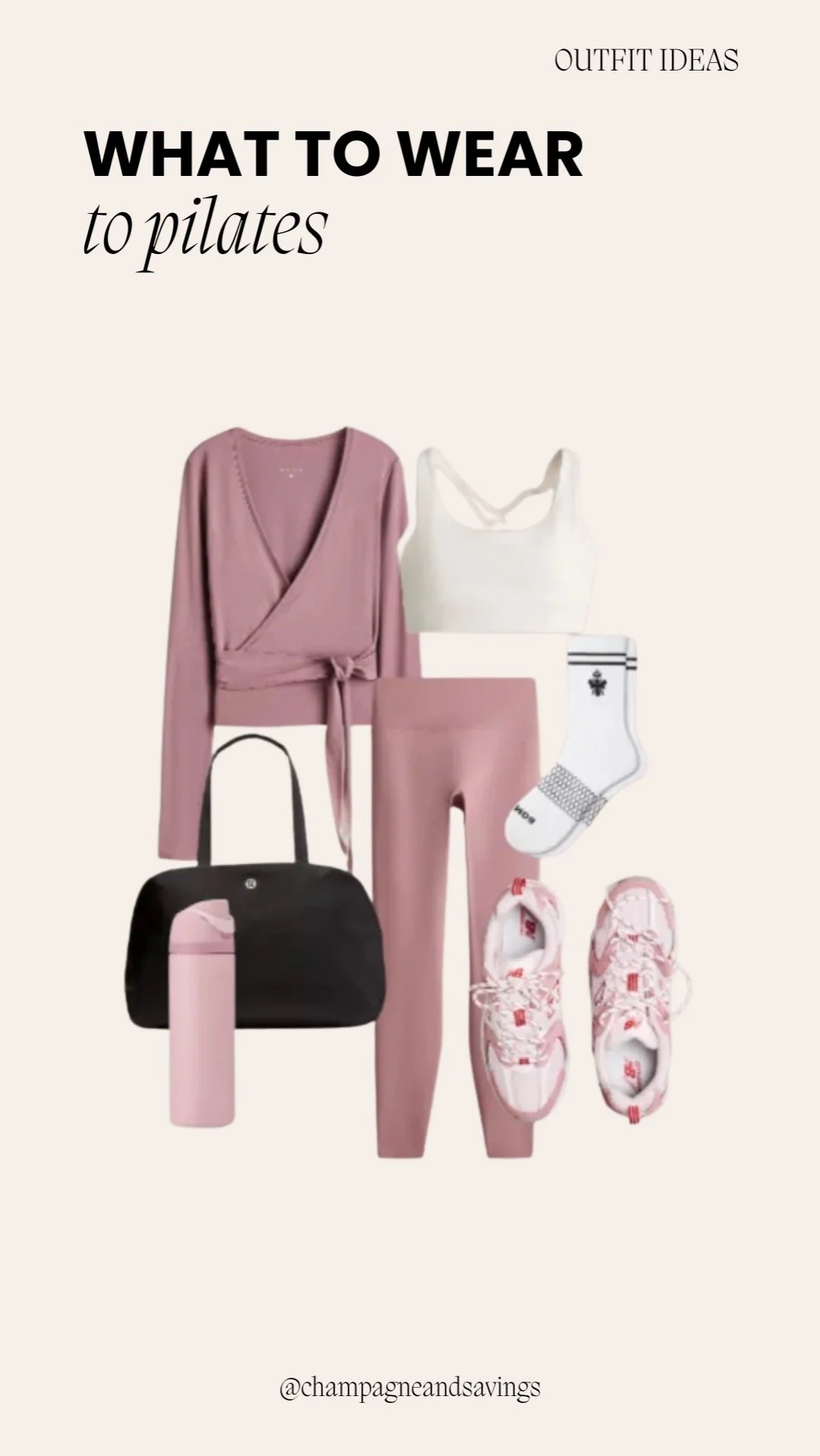 Flat lay of a soft balletcore-inspired Pilates outfit in pink tones, including leggings and a top.