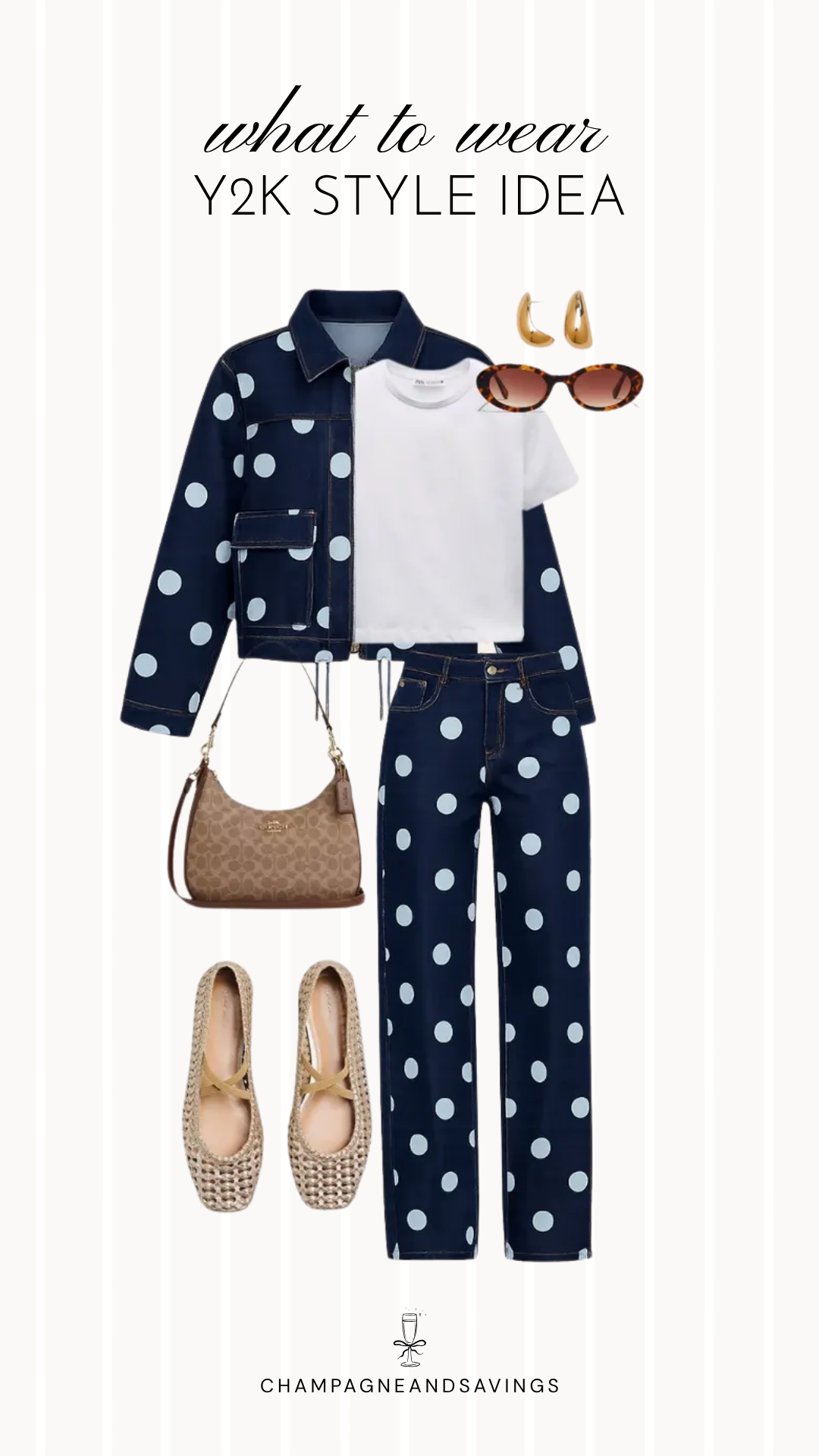 Y2K outfit idea collage featuring polka dot denim with a baby tee for a trendy 2026 look.