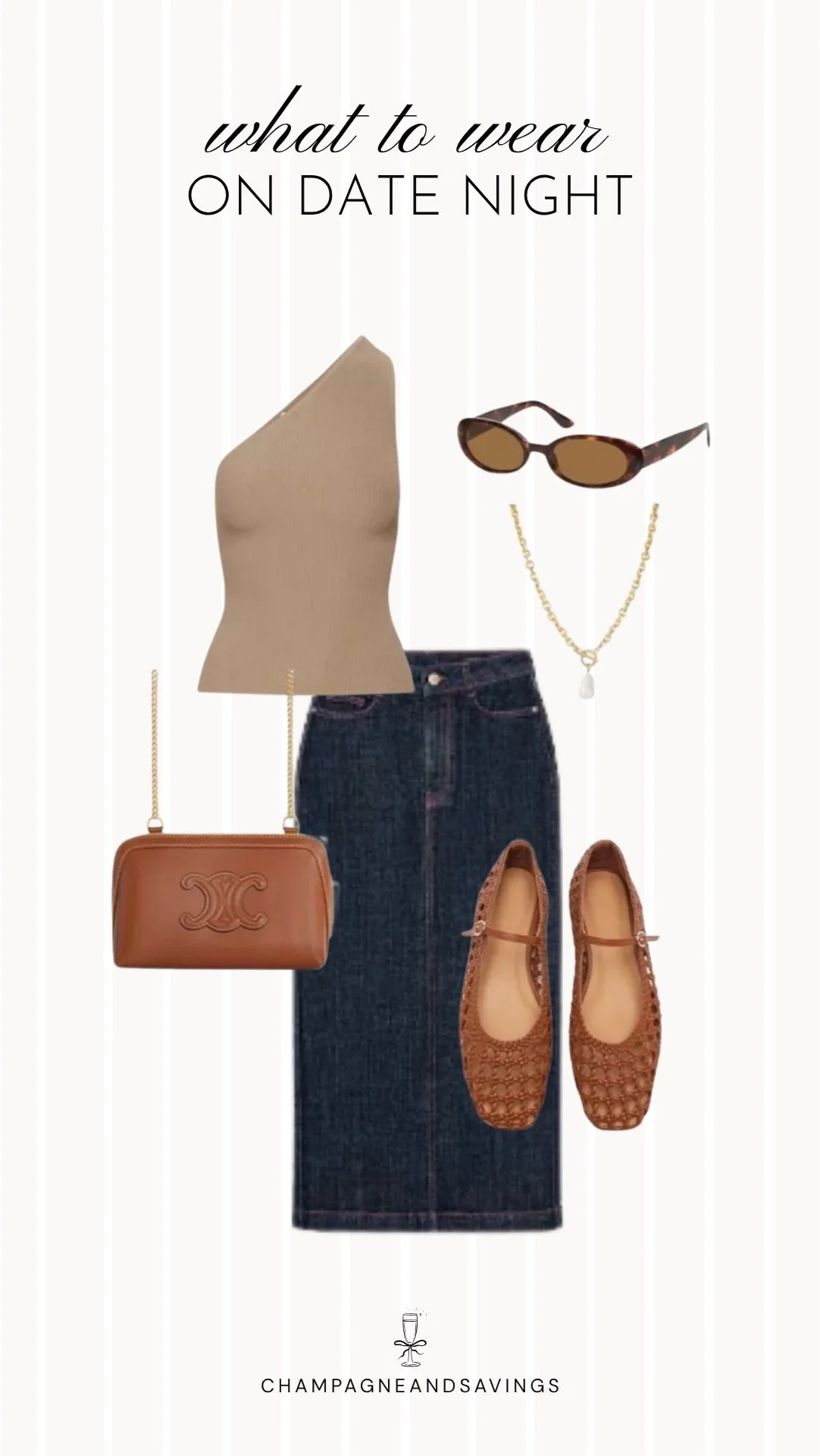 Collage of outfit pieces featuring a one shoulder top styled with a denim midi skirt and woven flats for a chic and effortless fall date night outfit idea.
