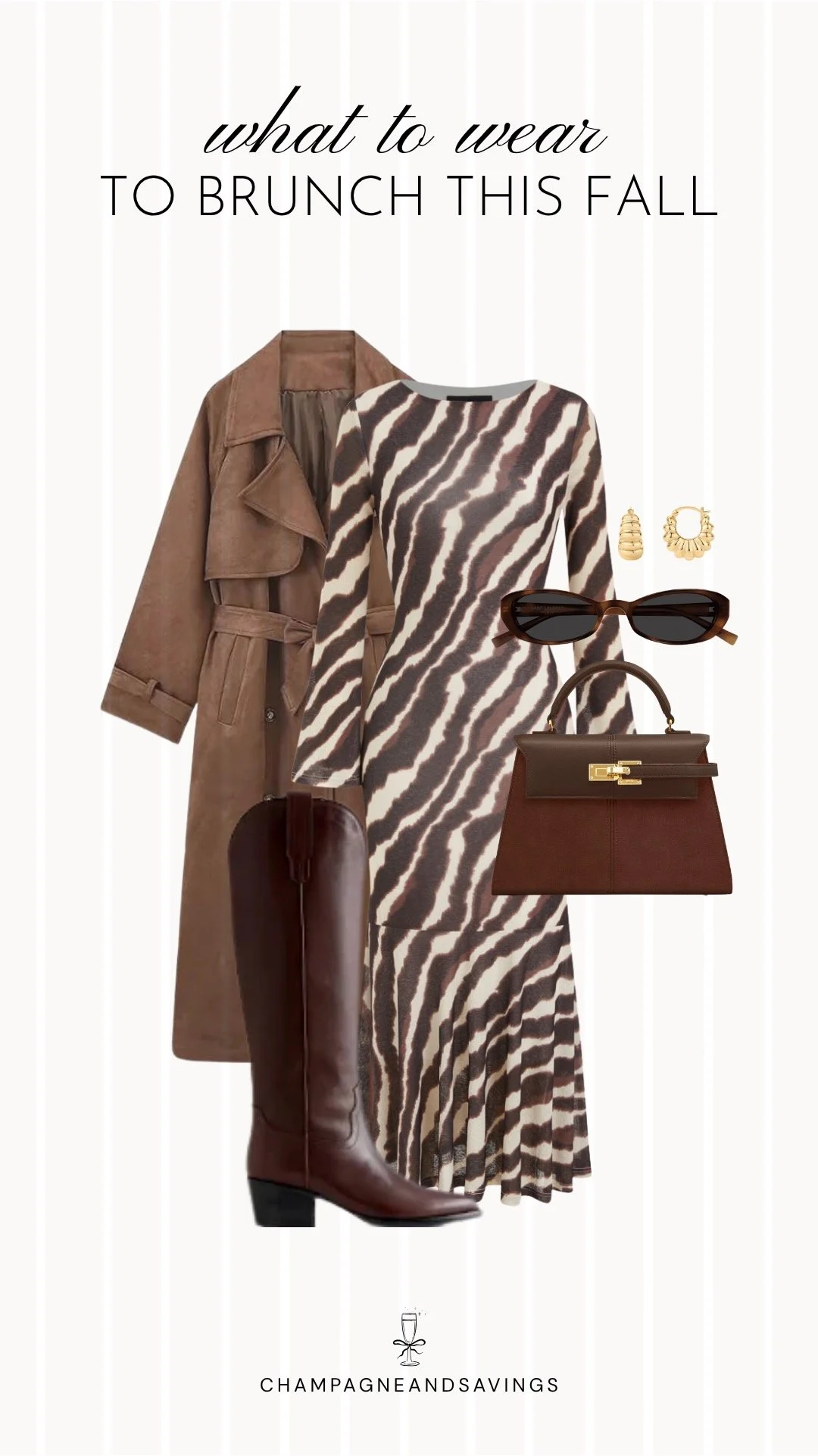 Collage of outfit pieces featuring a zebra print dress styled with a brown trench coat and tall riding boots for a bold and stylish fall brunch outfit idea.