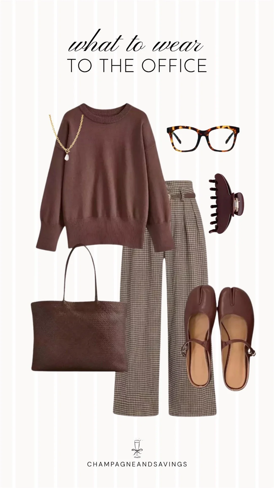 Collage of outfit pieces featuring a brown sweater paired with houndstooth trousers for a polished fall outfit with a classic and sophisticated feel.