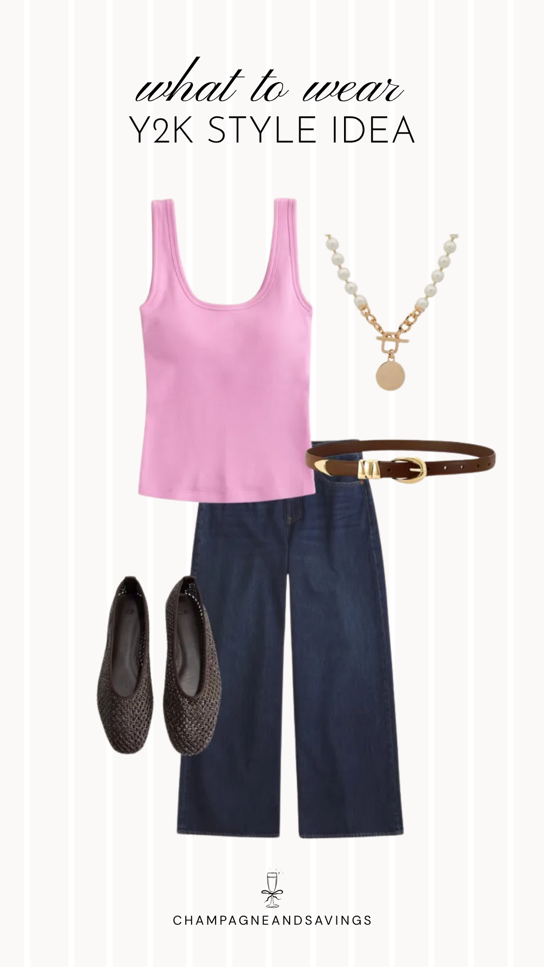 Y2K outfit idea collage featuring a pink tank with dark wash jeans for a trendy 2026 look.