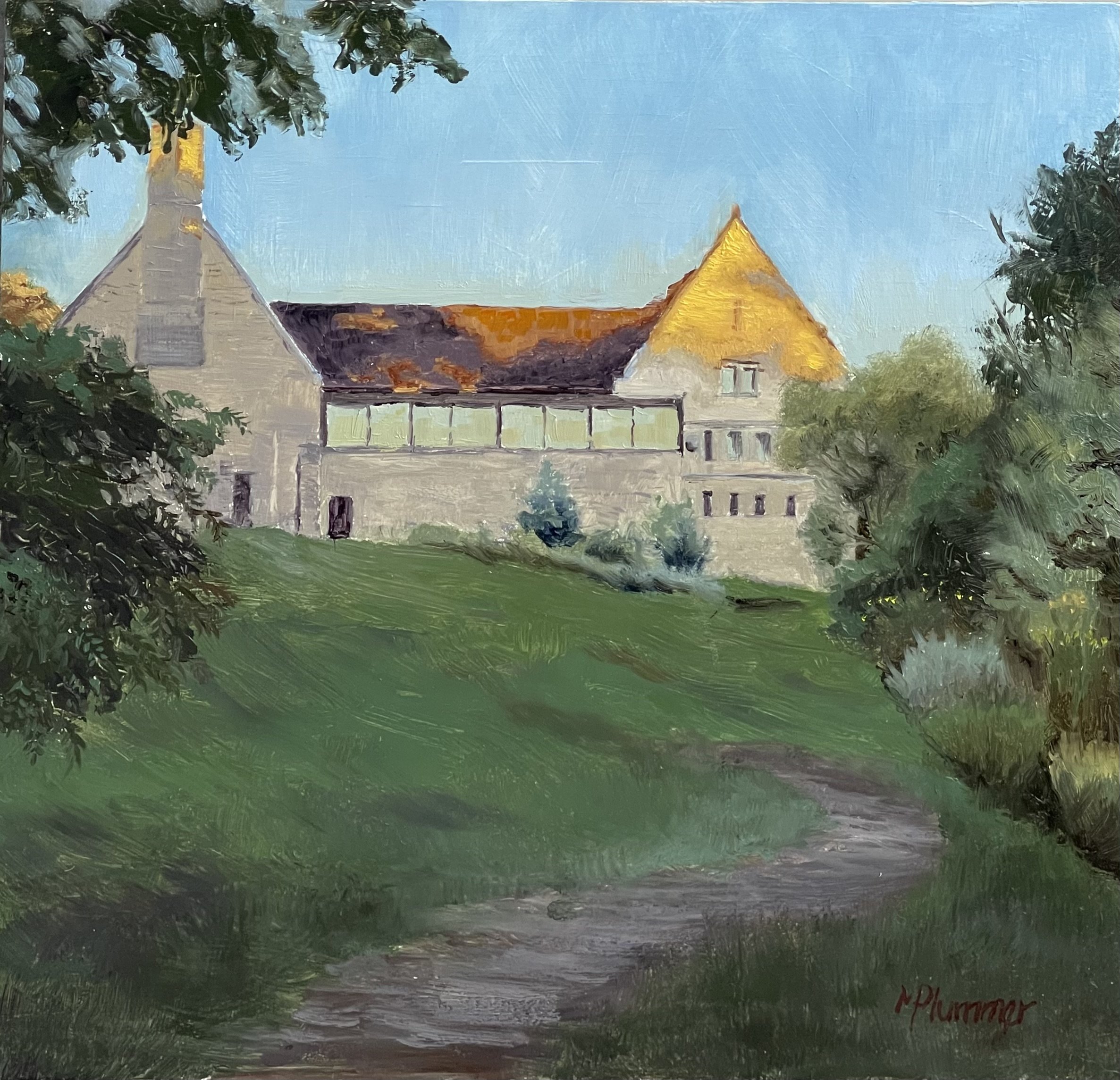 Riverside Library sunset, 12x12, oil on oil primed cradled panel.jpeg