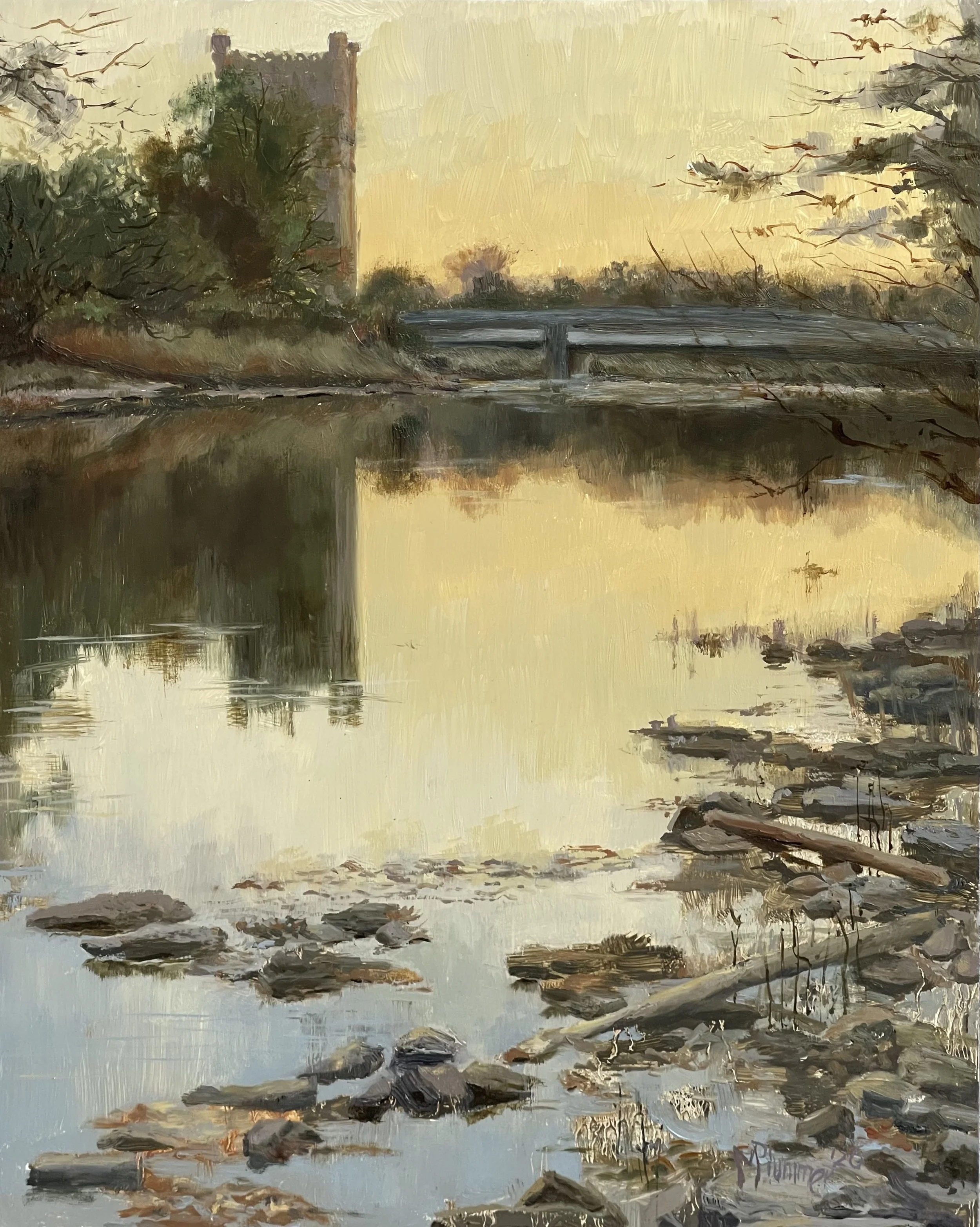 sunset behind hofman tower, 18x14, oil on cradled gesso panel.jpeg