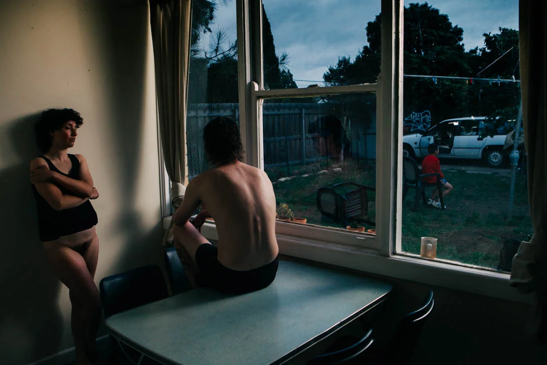 IN AUSTRALIA These works are informed by my turbulent adolescence growing up in a small town on Australia's north coast. Constructed realities explore the psyche of Australia’s suburban underbelly where intimacy and hope languish against an atmosphere of idleness, apathy and stillness. Signifying the anticlimactic closure of the day, the images are set predominately at dusk where undesignated identities appear in bleak isolated landscapes to conjure a sense of listlessness. ~ (work in progress)