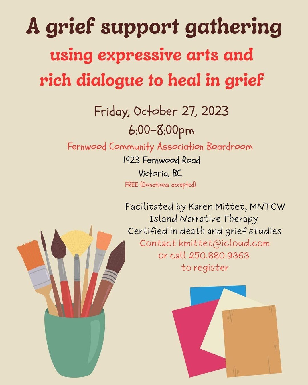 Join a Grief Support Group that begins with an expressive art activity to help us reflect on and understand our grieving experience from a different landscape.  Please pre-register as this is an intimate gathering.
#griefsupport #griefgathering #grie