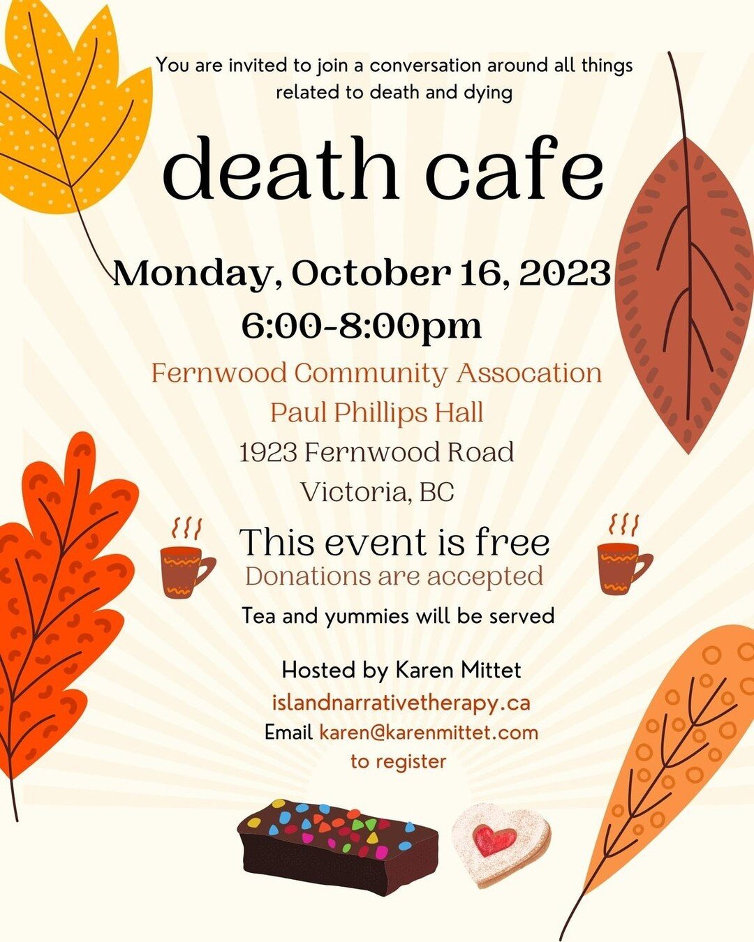 There has been a change in date for the next Death Cafe.  Please note that it is now on Monday, October 16, 2023 6:00-8:00pm.  I hope you are able to attend.  #deathcafe #deathtalk #deathconversations#normalizingdeathgriefdying
#healthydialogue