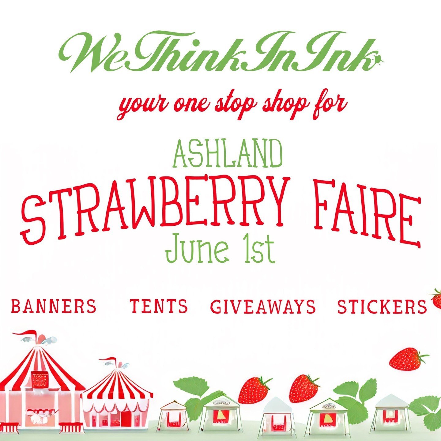 Put your brand in peoples hands June 1st @ The Ashland Strawberry Faire!⁠
🍓Strawberry themed giveaway items🍓⁠
🍓Branded tents &amp; table covers🍓⁠
🍓Company banners &amp; feather flags🍓⁠
🎪Let your business blossom! Most items have a 2-3 week tur