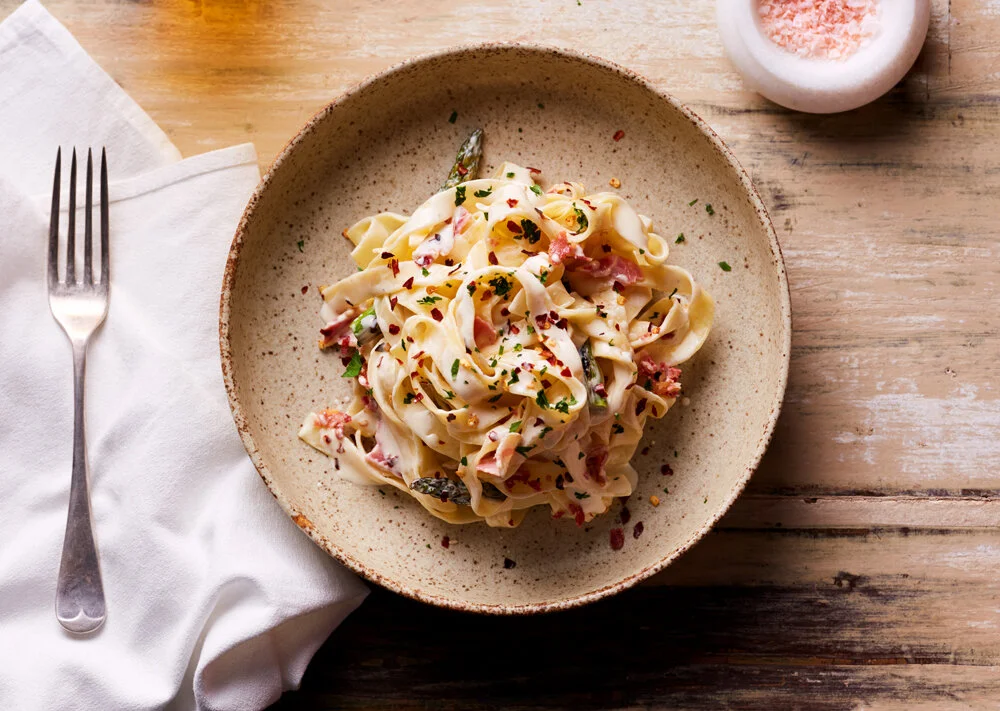 Pancetta, Asparagus & chilli fettuccine pasta