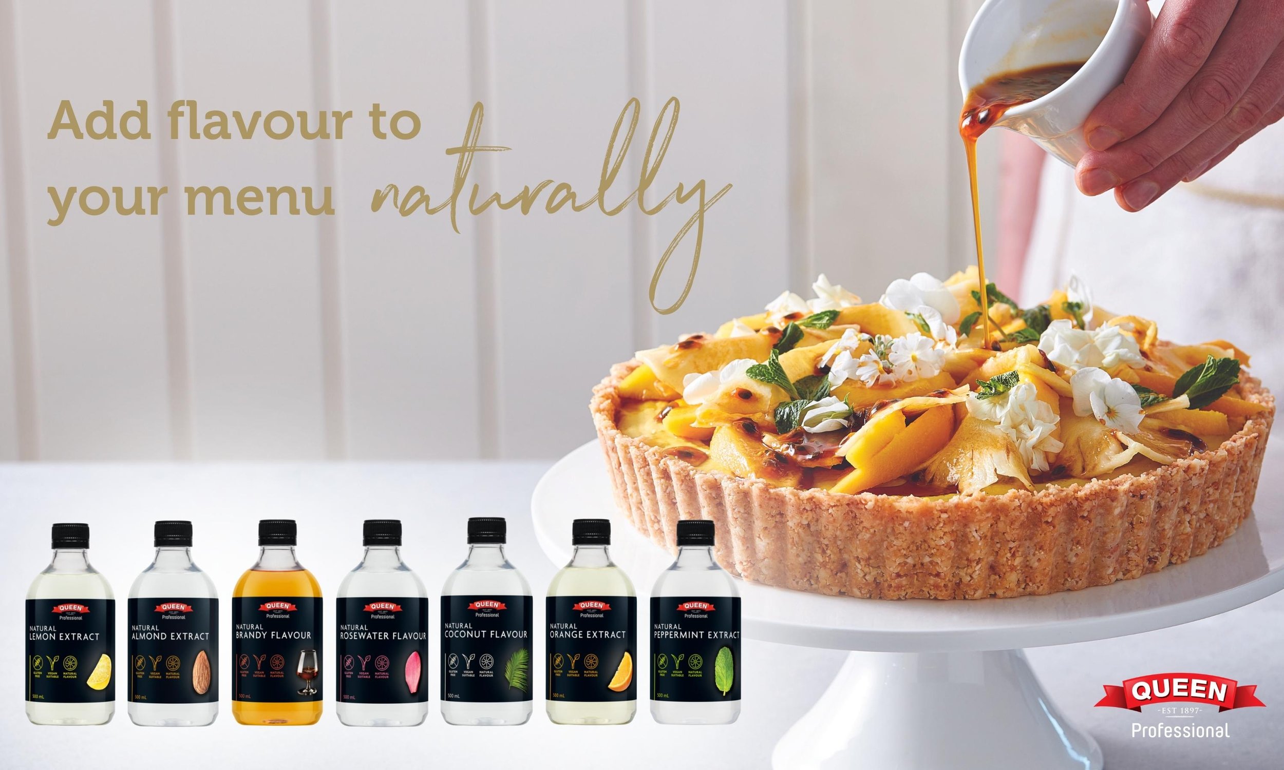 Add flavour to your menu naturally with Queen Professional extracts and flavours