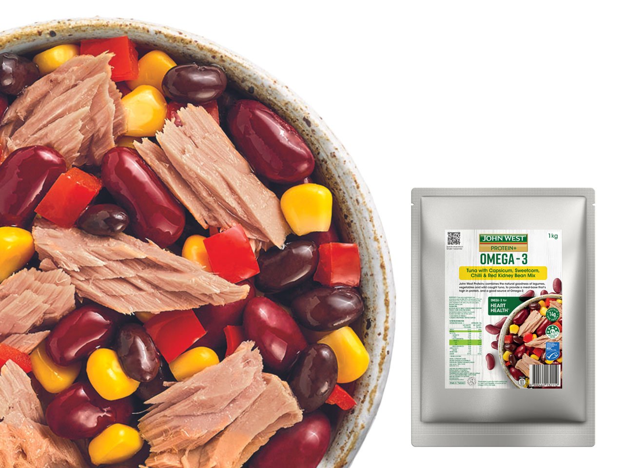 John West Protein+ Omega-3 – Tuna with Capsicum, Sweetcorn, Chilli &amp; Red Kidney Bean Mix