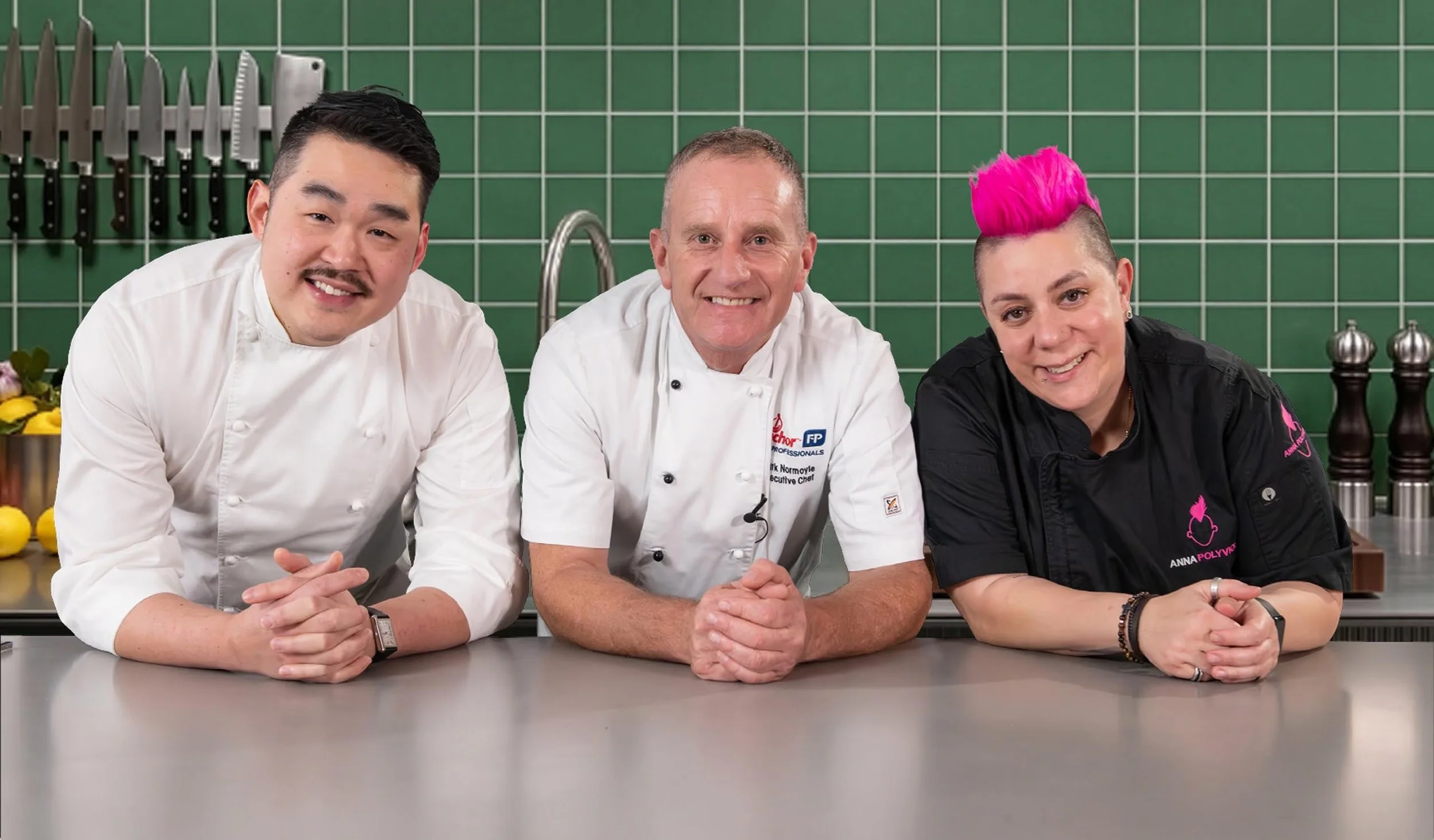 Proud to Be a Chef Resident Mentor and Executive Chef Mark Normoyle (centre), Society restaurant head chef Joachim Lim (L) and pastry expert Anna Polyviou (R)