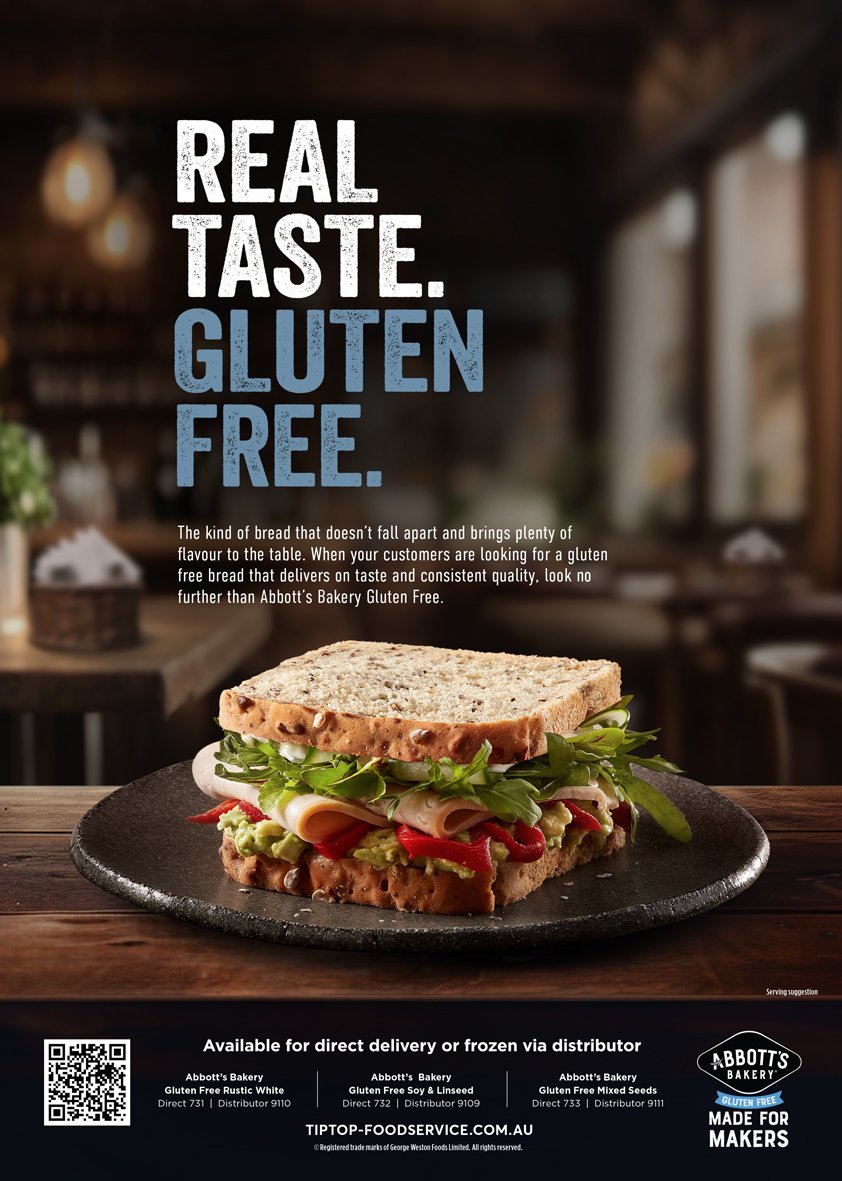 Abbott's Bakery Gluten Free. Real taste. Gluten free. Softer, larger slices that don't crumble, from Tip Top Foodservice.