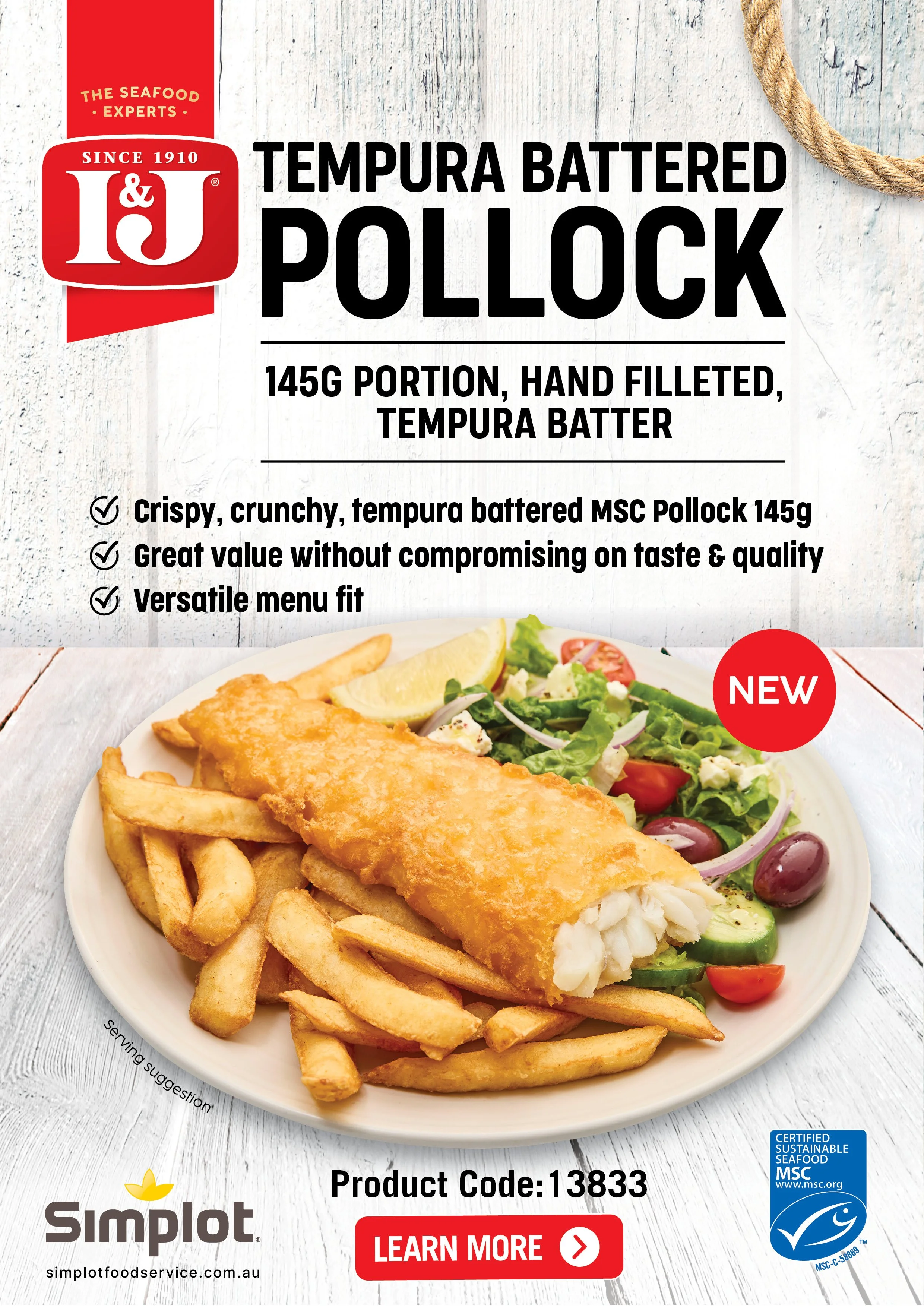 I&J Tempura Battered Alaskan Pollock. From Simplot Foodservice